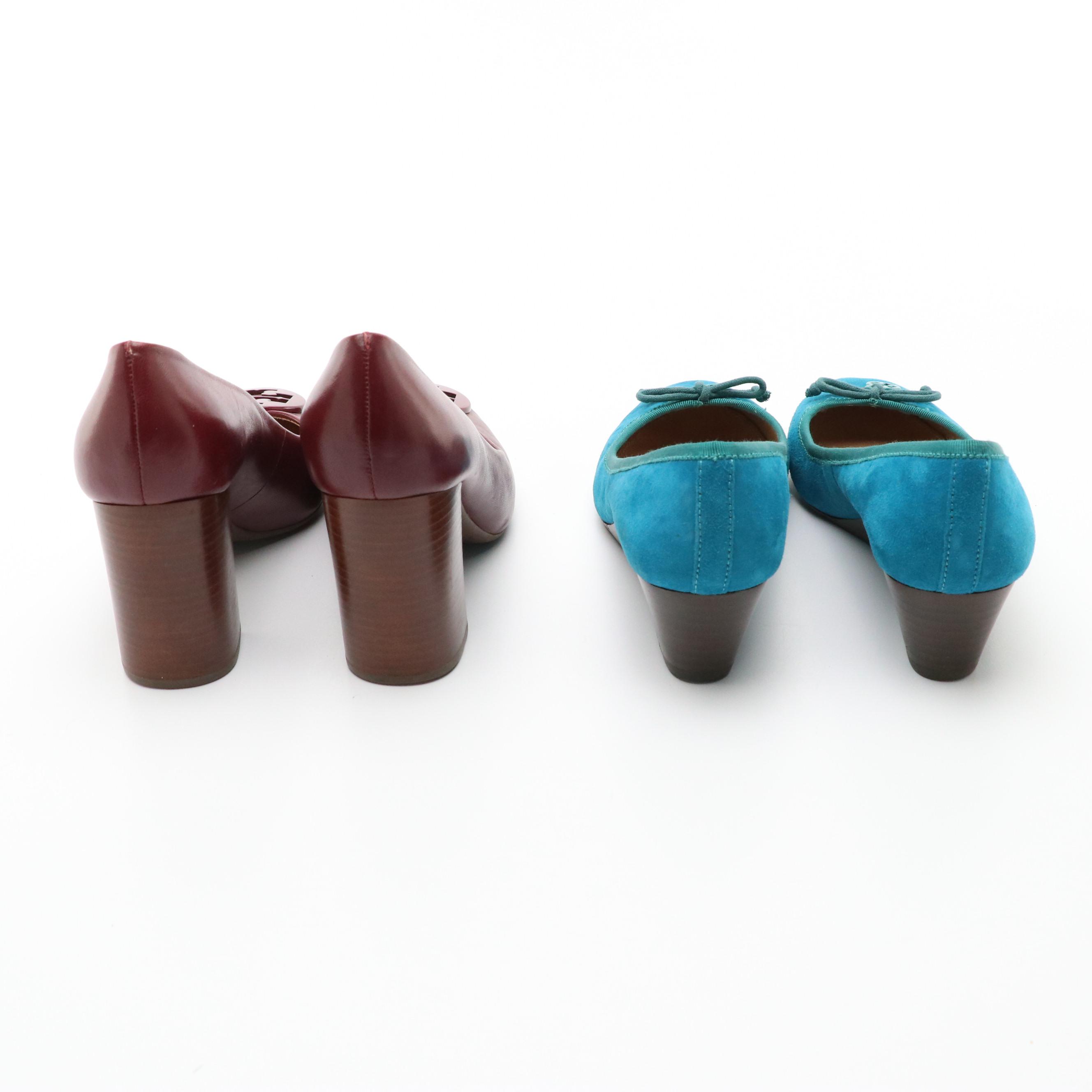 Tory Burch Suede Chelsea Wedges and Leather Logo Medallion Pumps