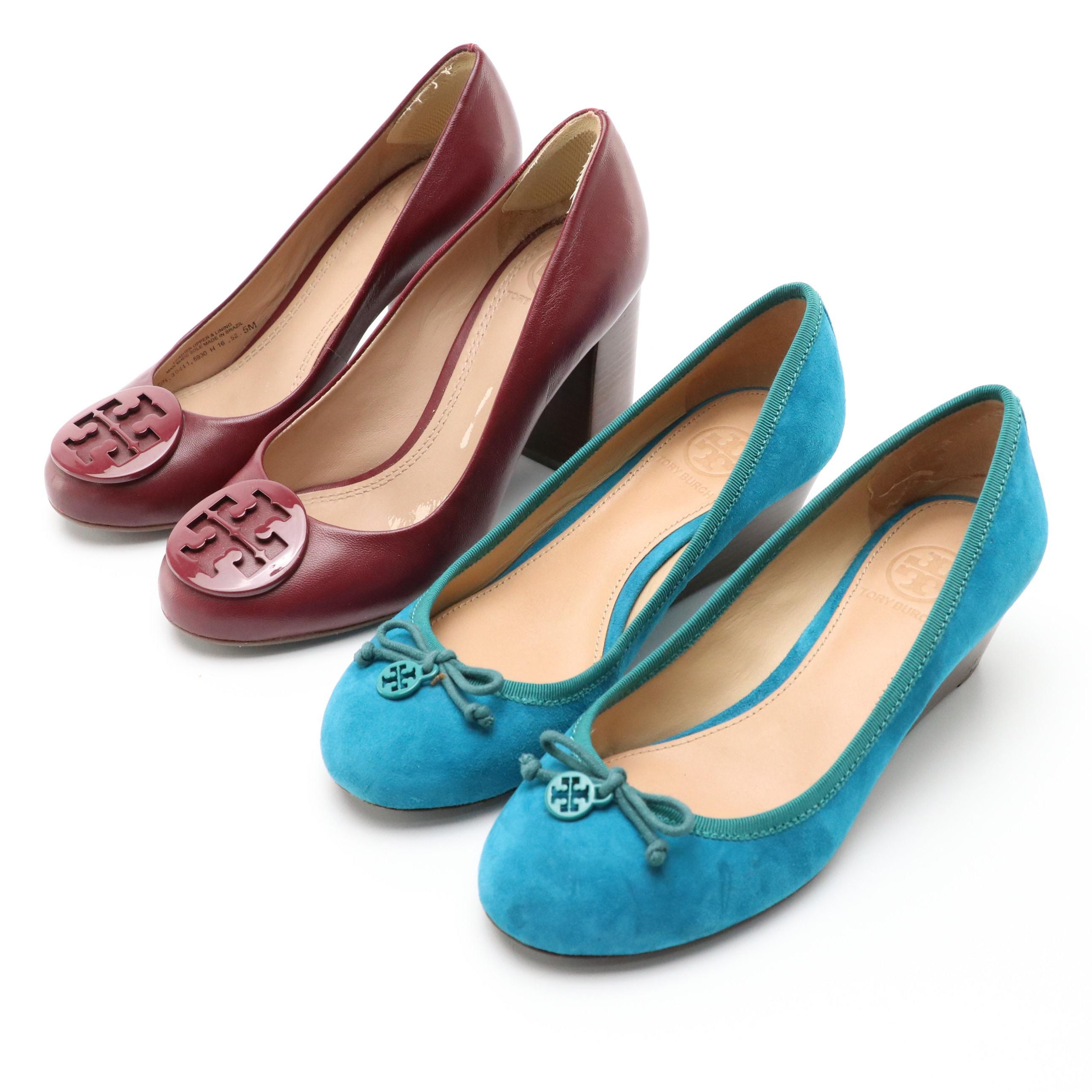 Tory Burch Suede Chelsea Wedges and Leather Logo Medallion Pumps