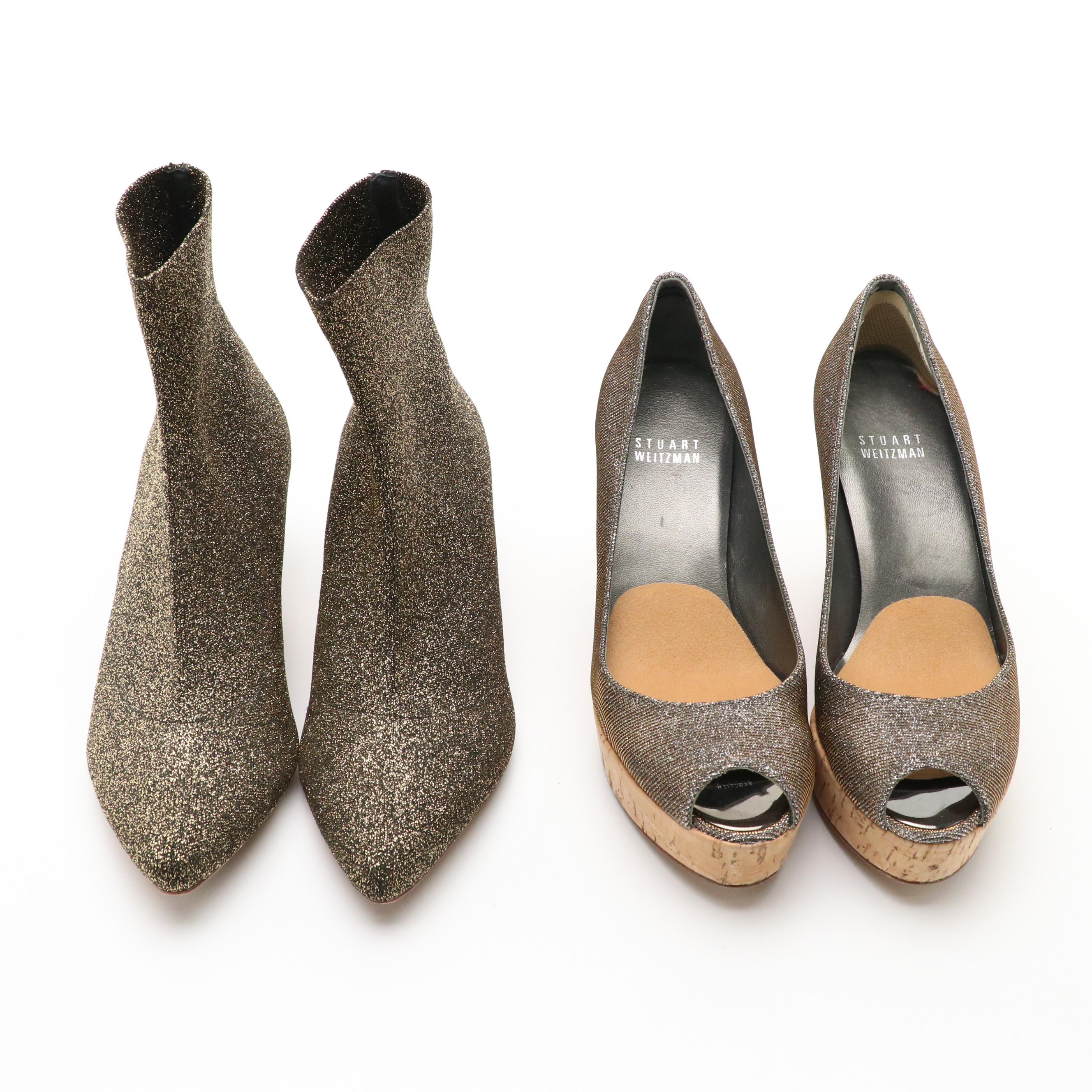 Loeffler Randall "Kassidy" Gold Stretch Knit Booties and Stuart Weitzman Wedges