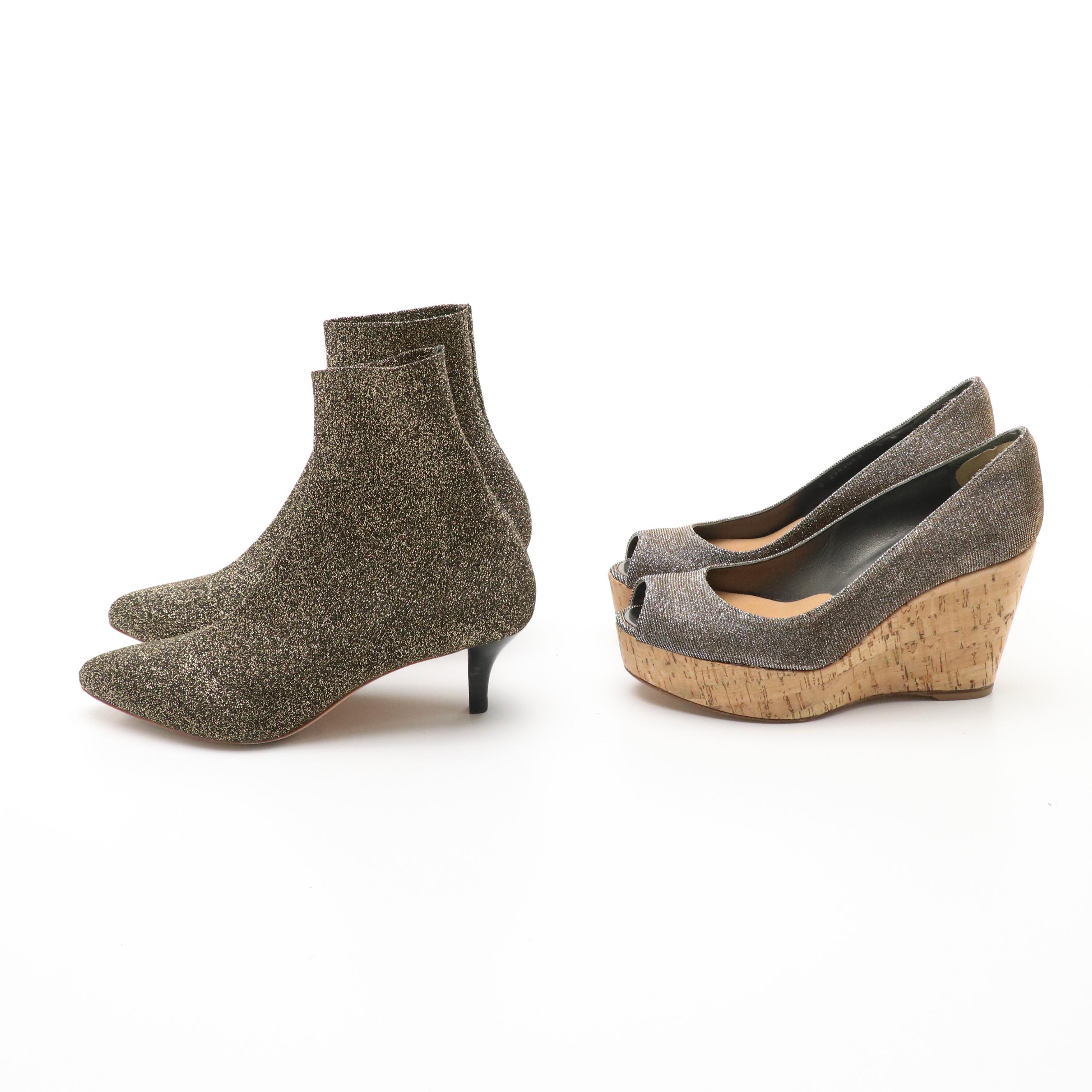 Loeffler Randall "Kassidy" Gold Stretch Knit Booties and Stuart Weitzman Wedges