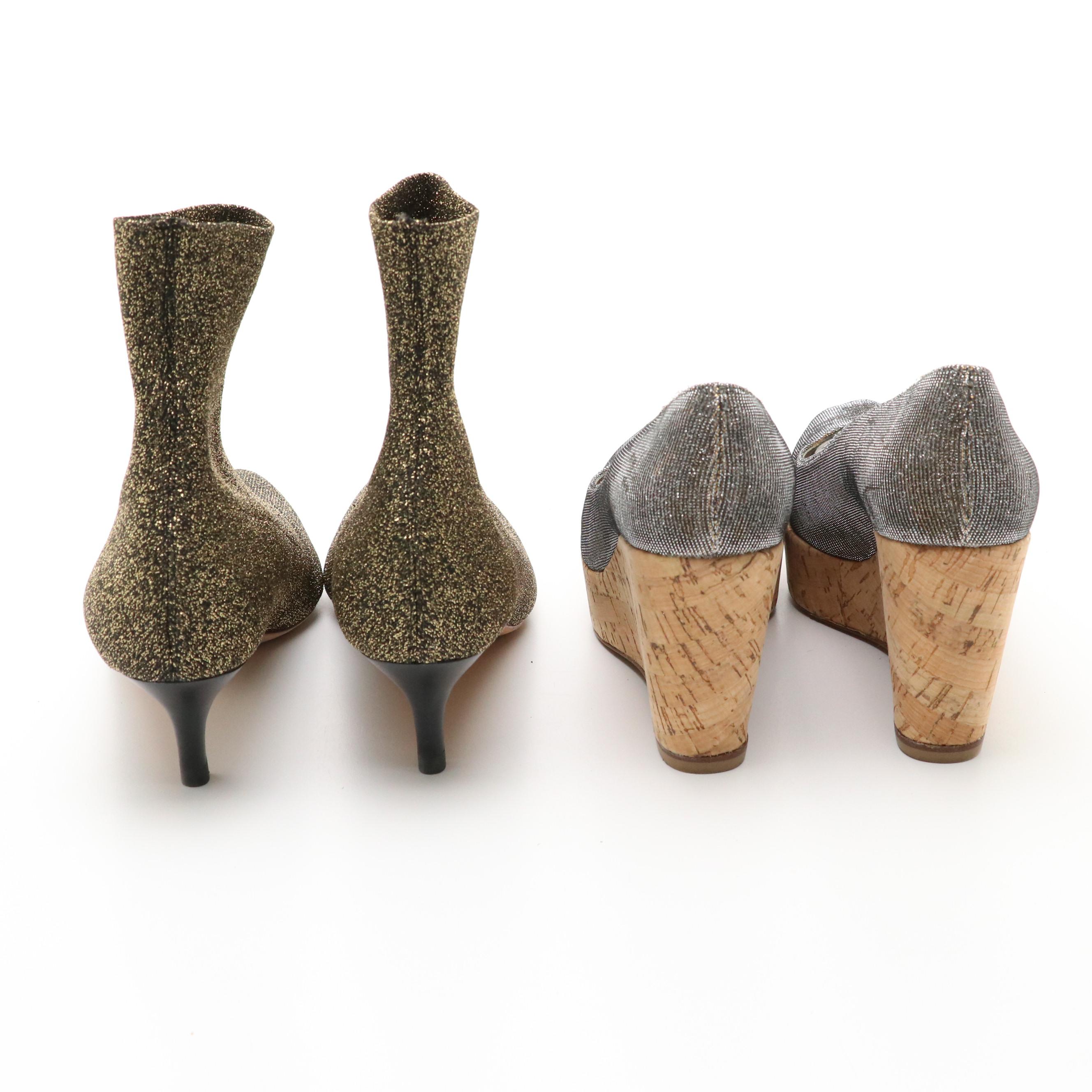 Loeffler Randall "Kassidy" Gold Stretch Knit Booties and Stuart Weitzman Wedges