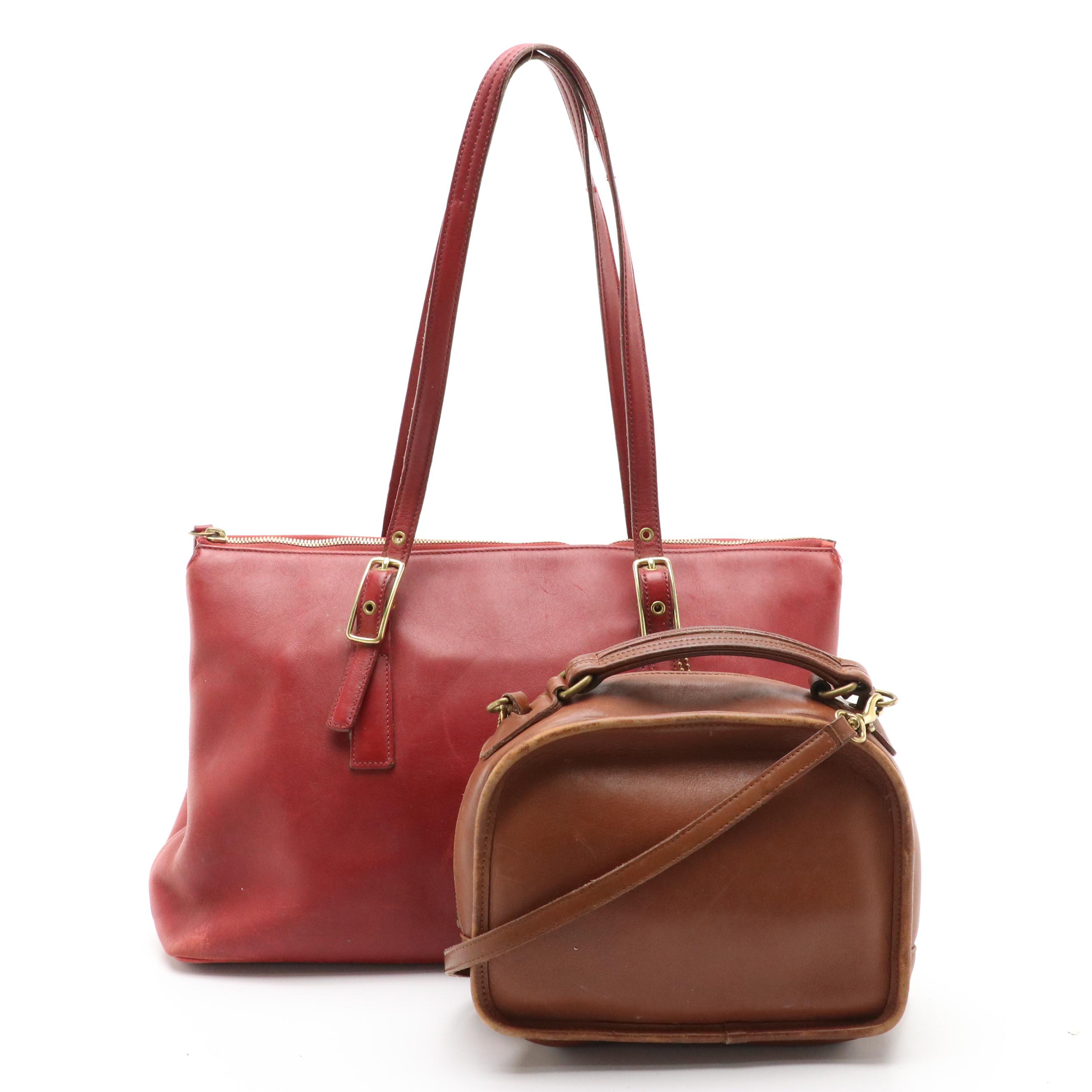 Coach Vintage Red Leather Large Legacy Zip Tote & Brown Leather Lunch-Box Bag