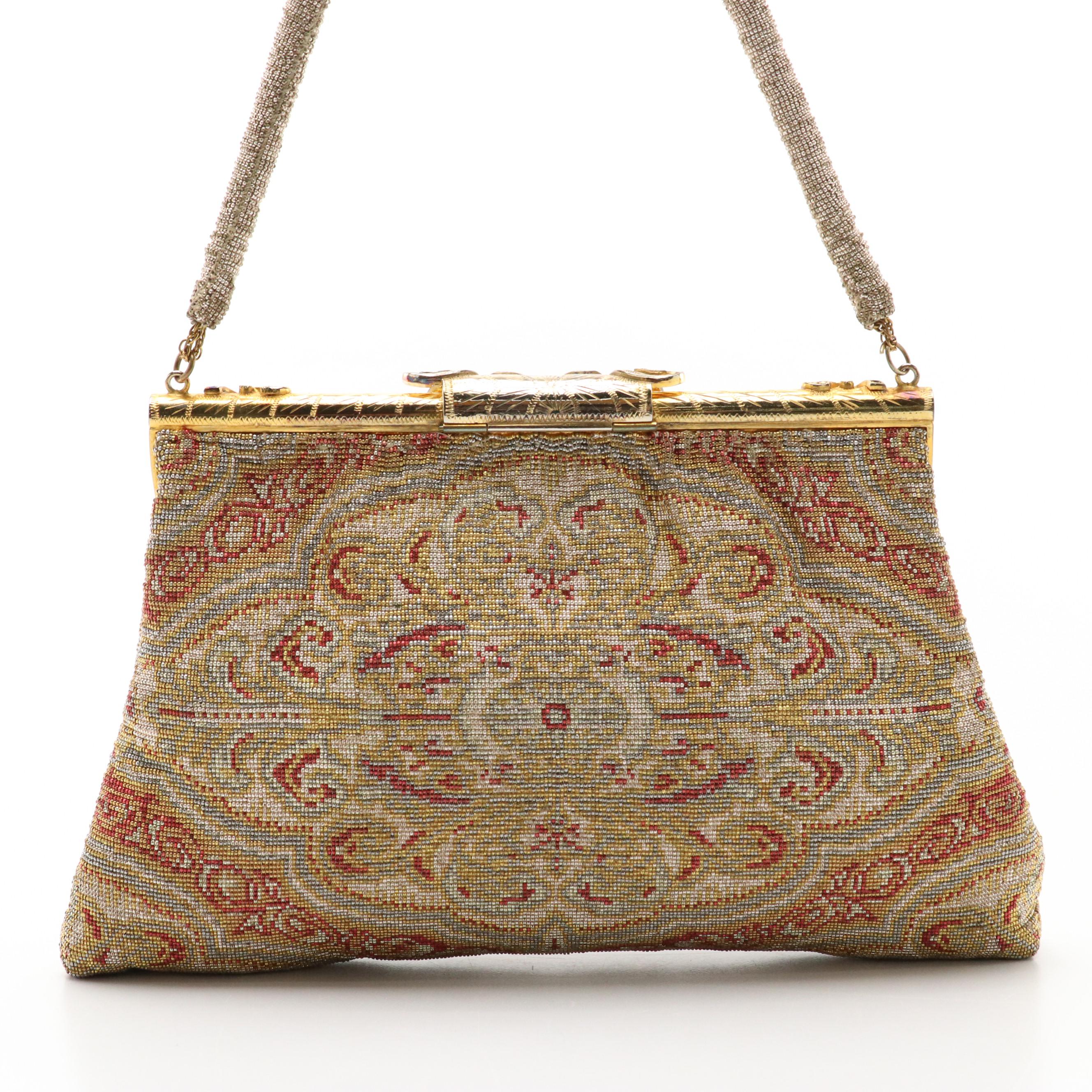 Art Deco Style Micro Steel Bead Frame Purse with Embellished Clasp and Box