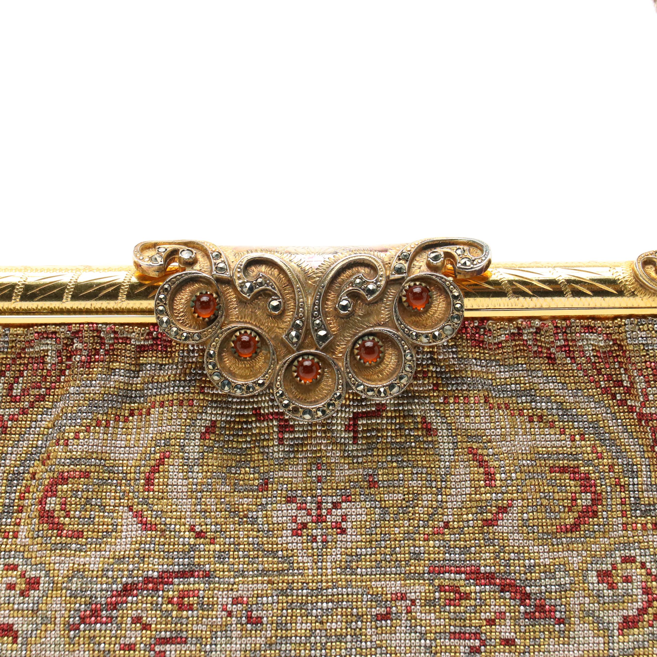 Art Deco Style Micro Steel Bead Frame Purse with Embellished Clasp and Box