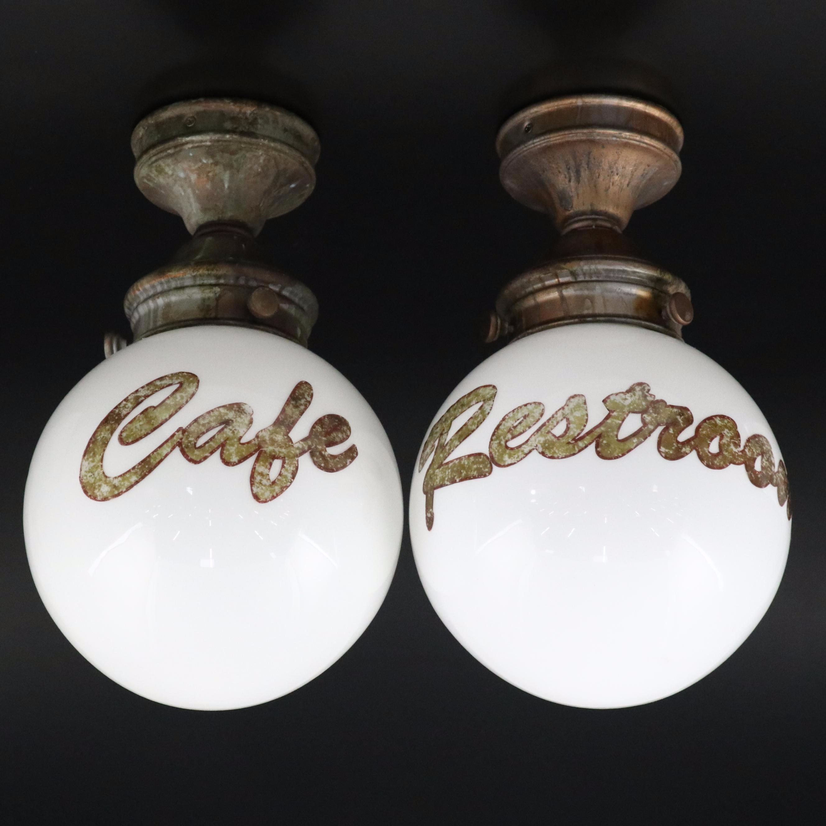 Pair of Milk Glass "Restroom" Pendant Lights