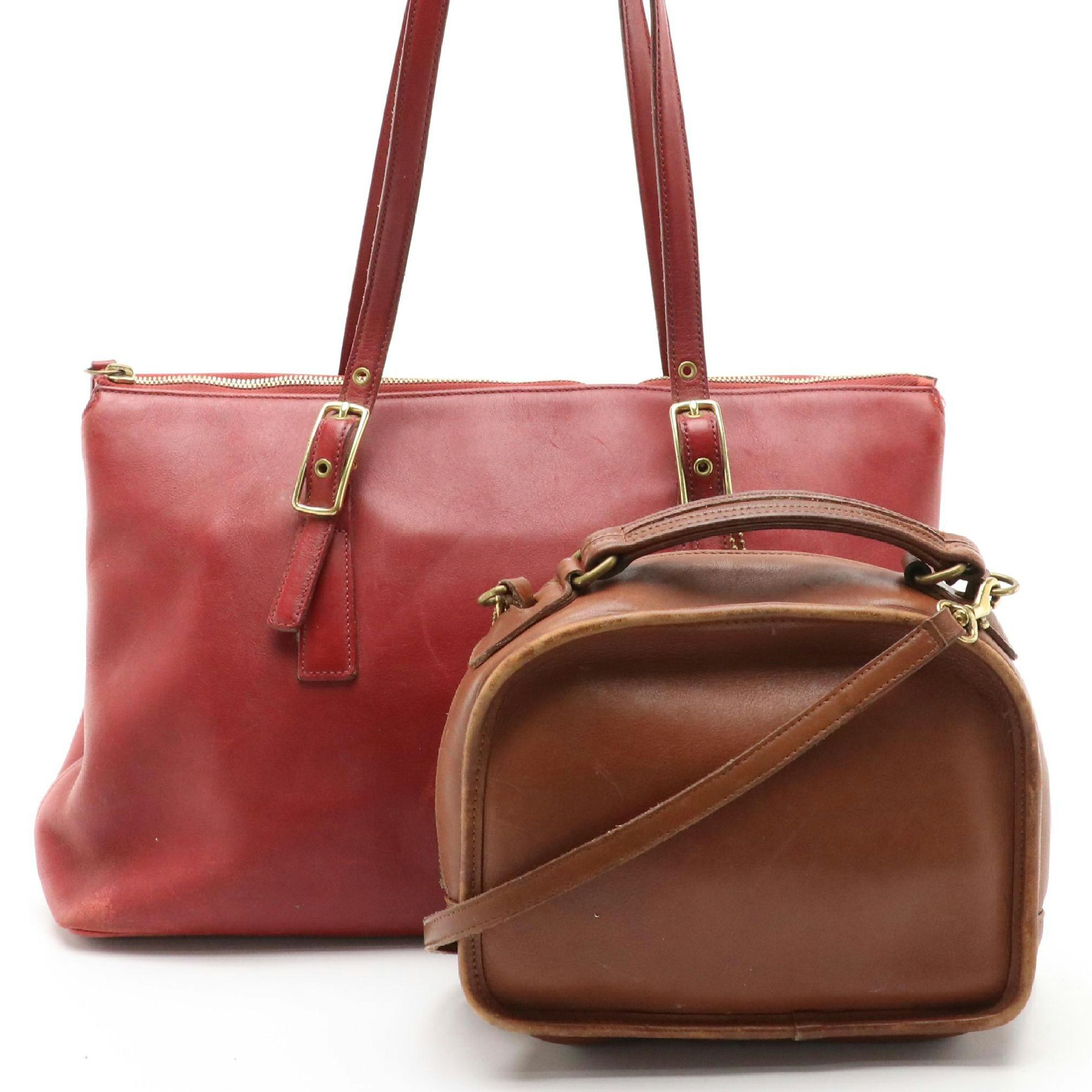 Coach Vintage Red Leather Large Legacy Zip Tote & Brown Leather Lunch-Box Bag