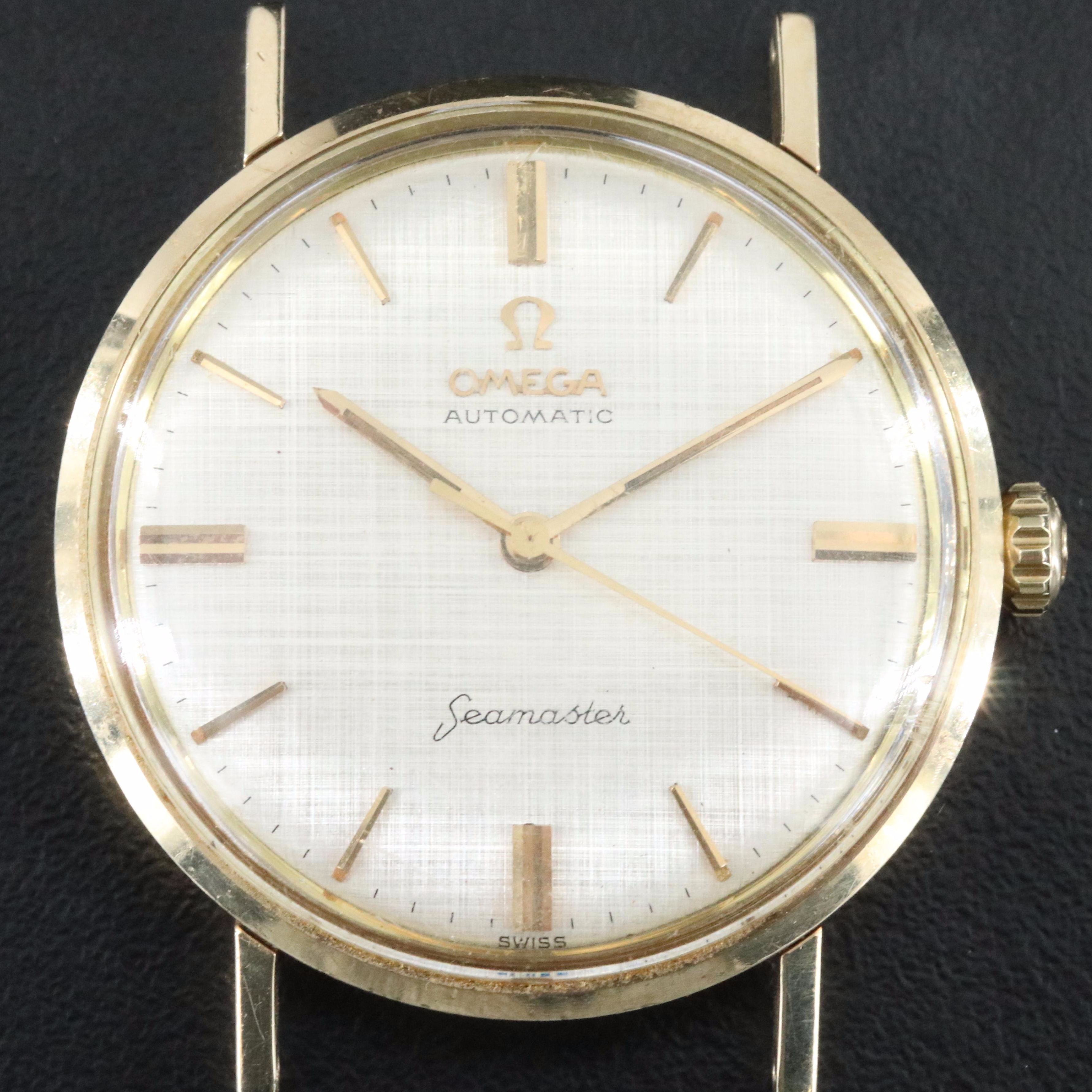 Vintage Omega Seamaster Champagne Linen Dial 14K Gold 34mm Automatic Watch