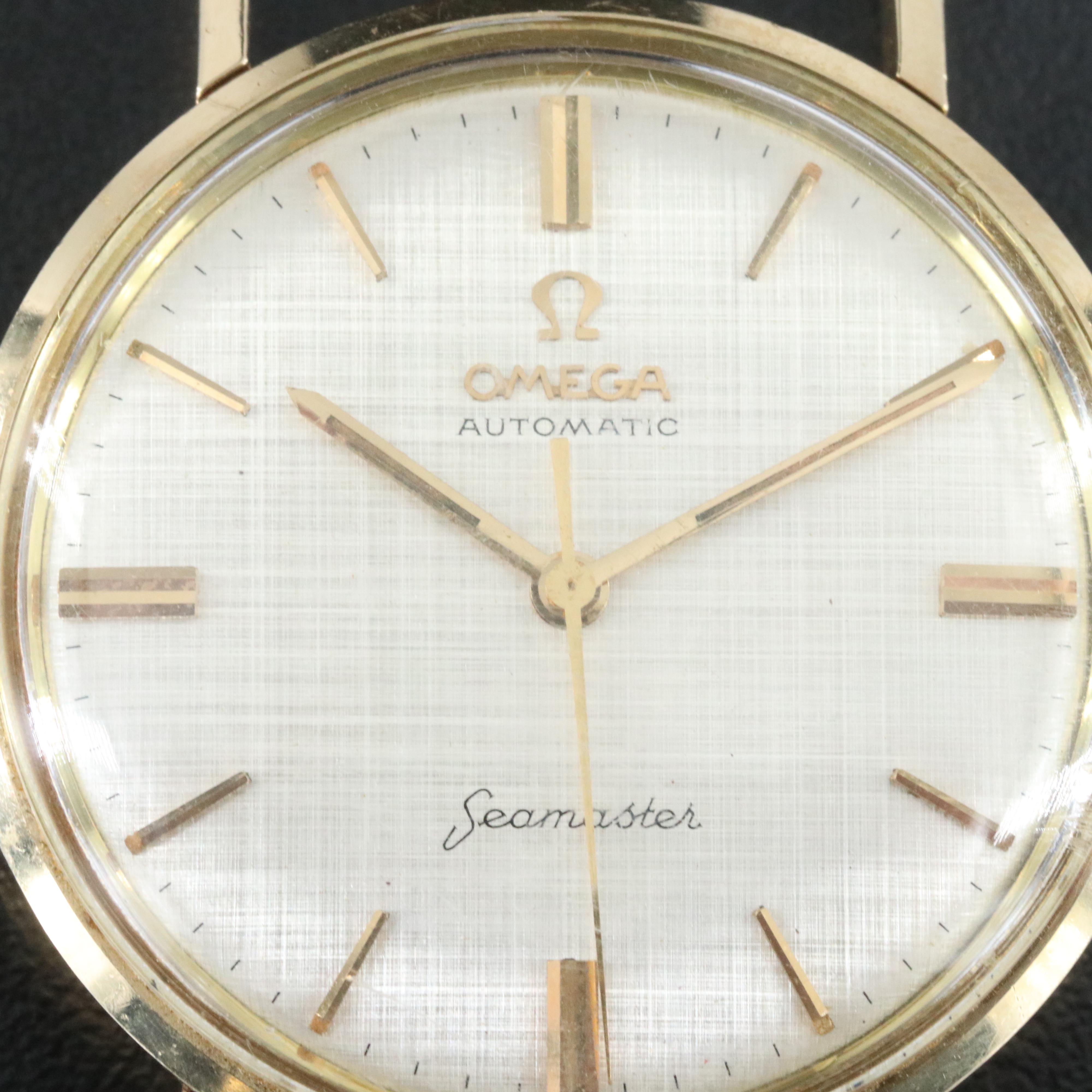 Vintage Omega Seamaster Champagne Linen Dial 14K Gold 34mm Automatic Watch