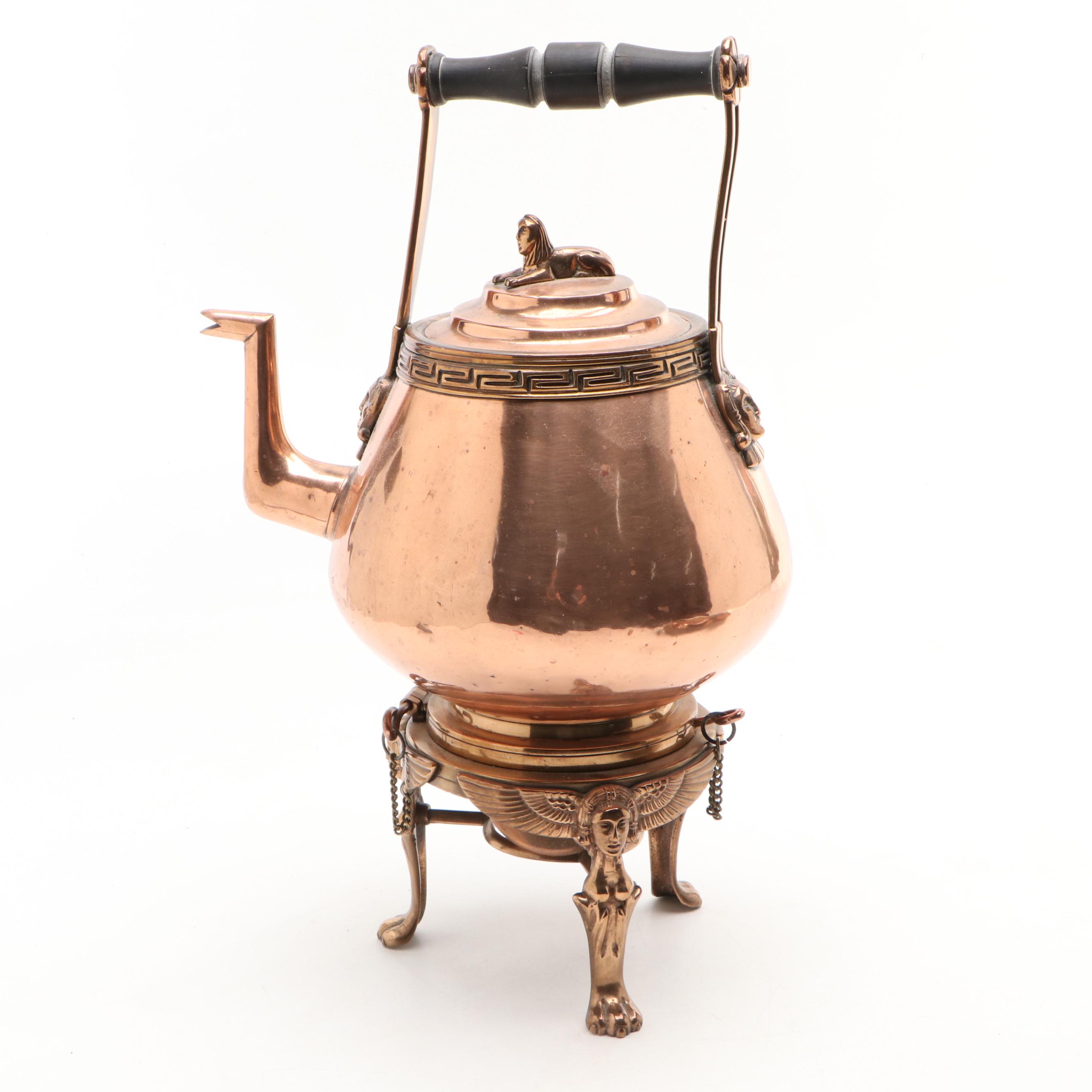 Victorian Caryatid Copper Kettle on Stand with Other Tinned Copper Charger