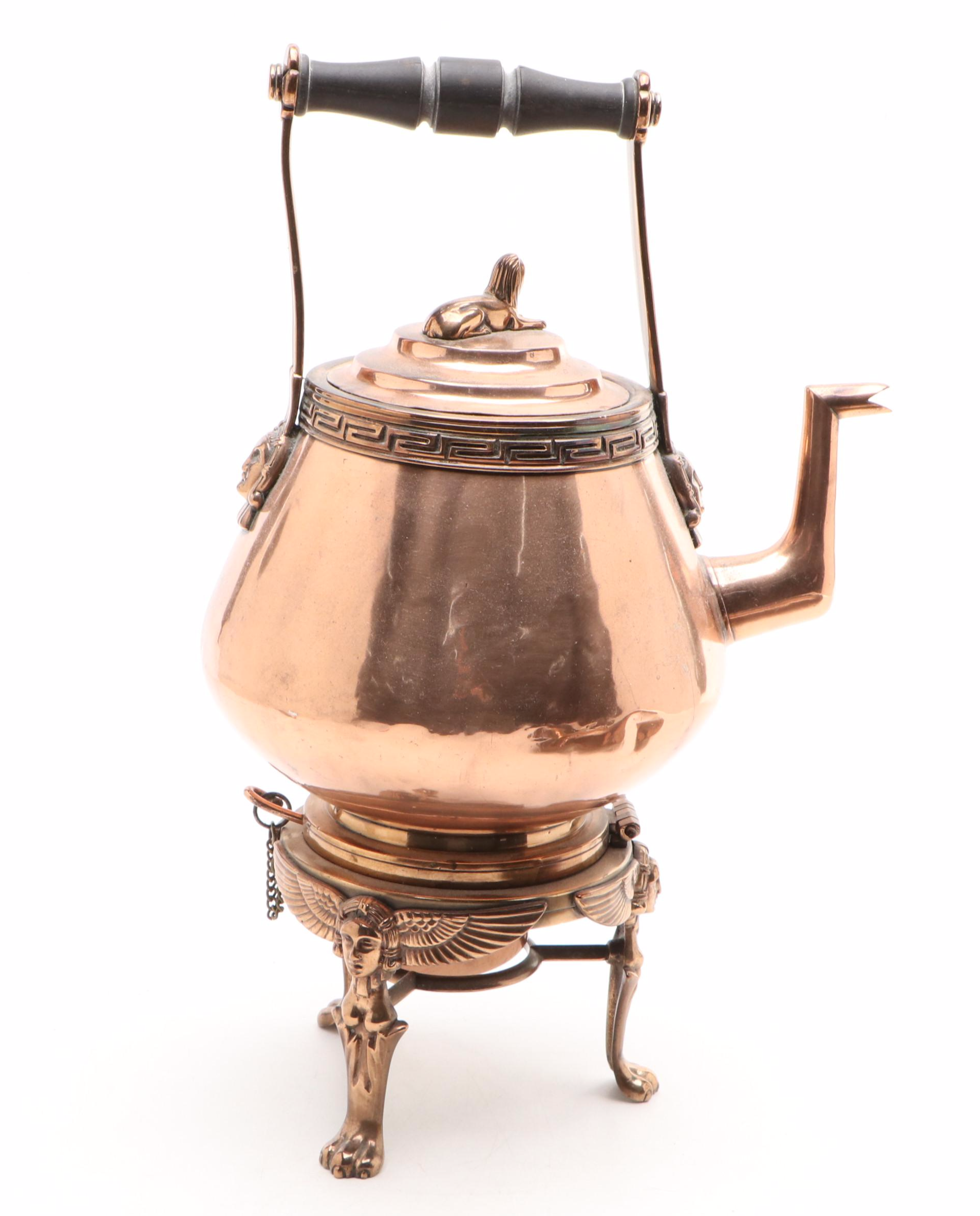 Victorian Caryatid Copper Kettle on Stand with Other Tinned Copper Charger