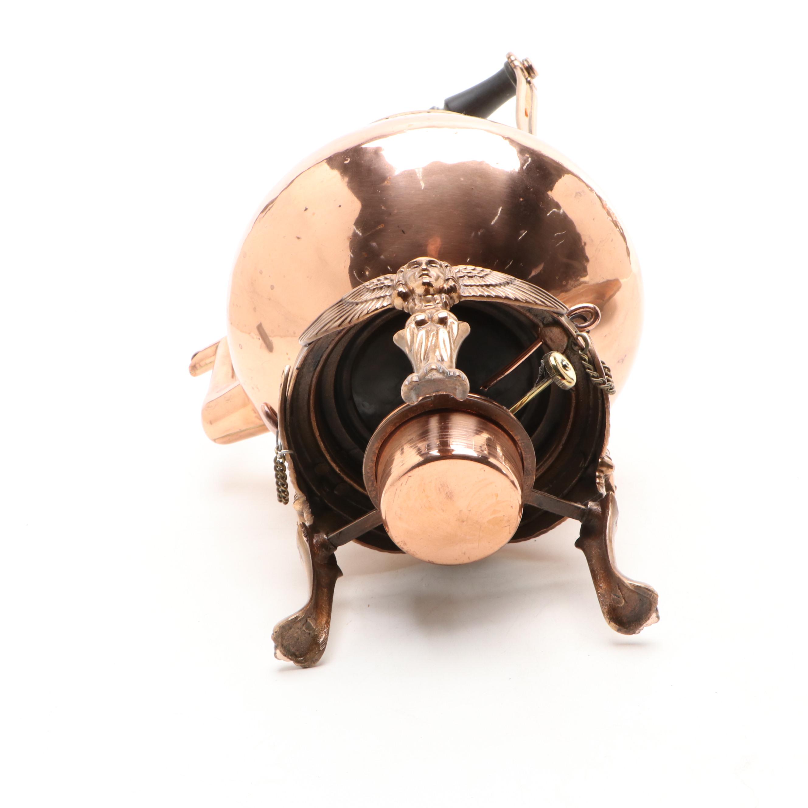 Victorian Caryatid Copper Kettle on Stand with Other Tinned Copper Charger