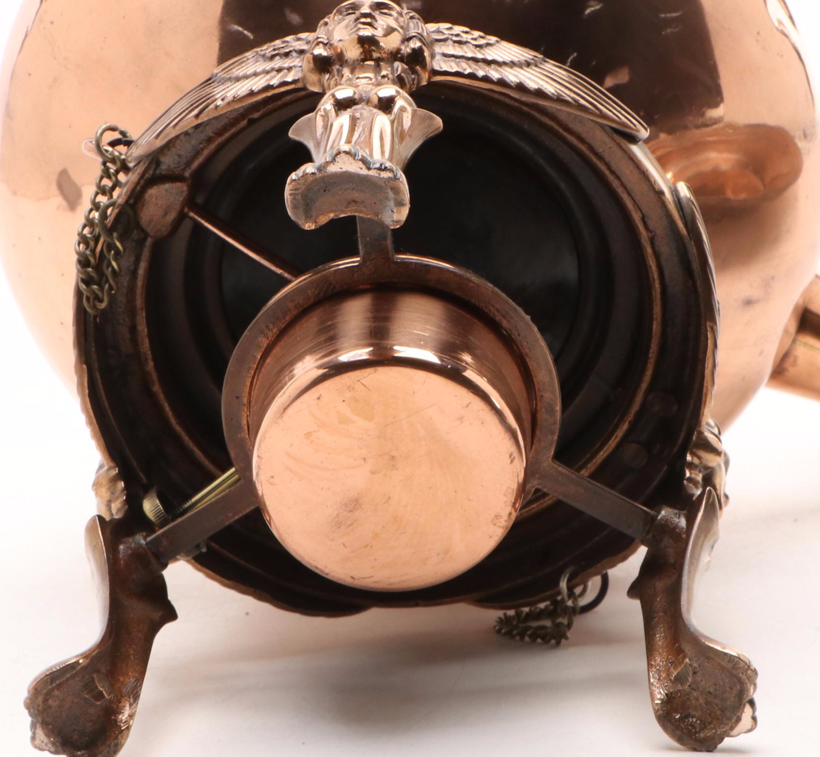 Victorian Caryatid Copper Kettle on Stand with Other Tinned Copper Charger