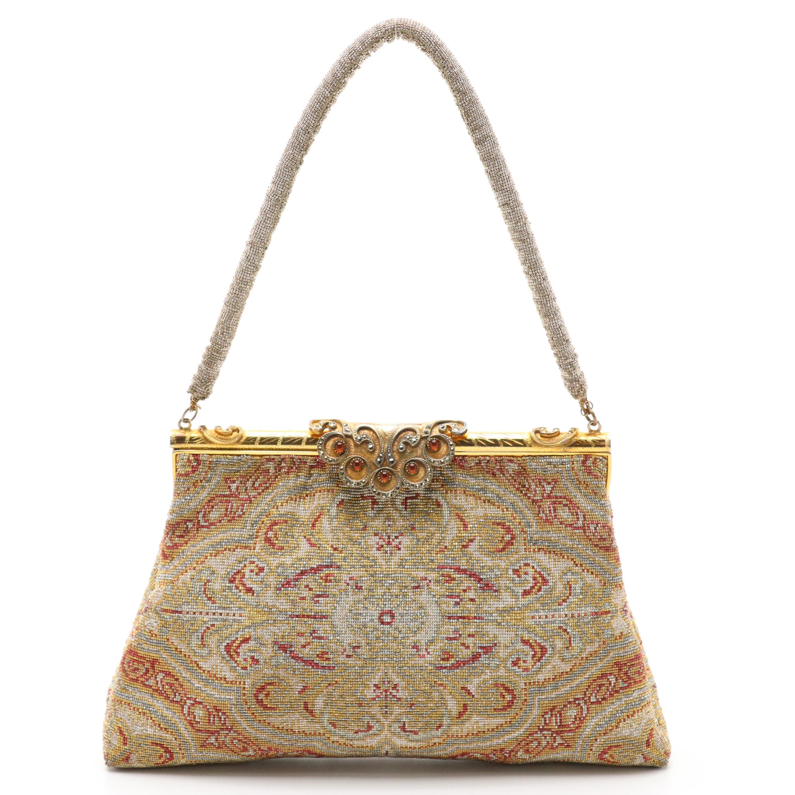 Art Deco Style Micro Steel Bead Frame Purse with Embellished Clasp and Box