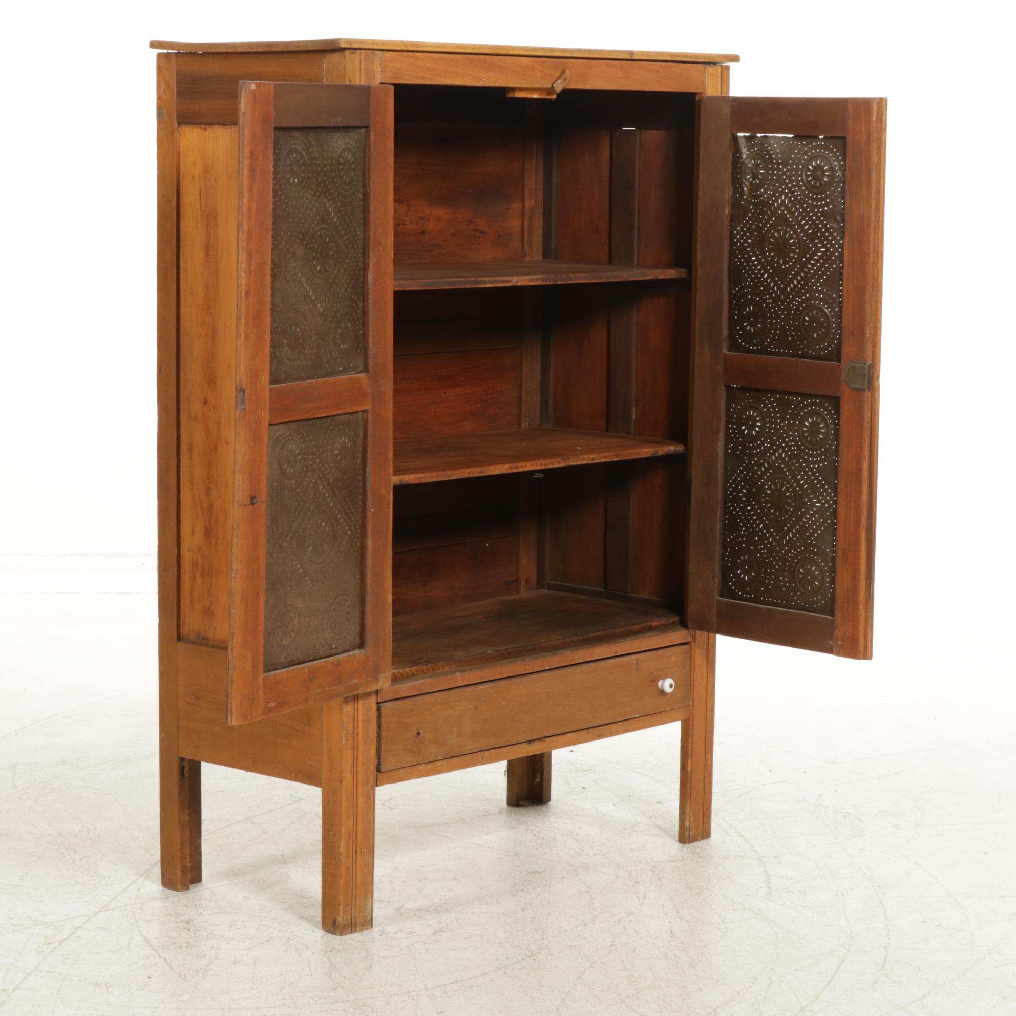 American Primitive Pie Safe Cabinet with Punched Tin Door Panels