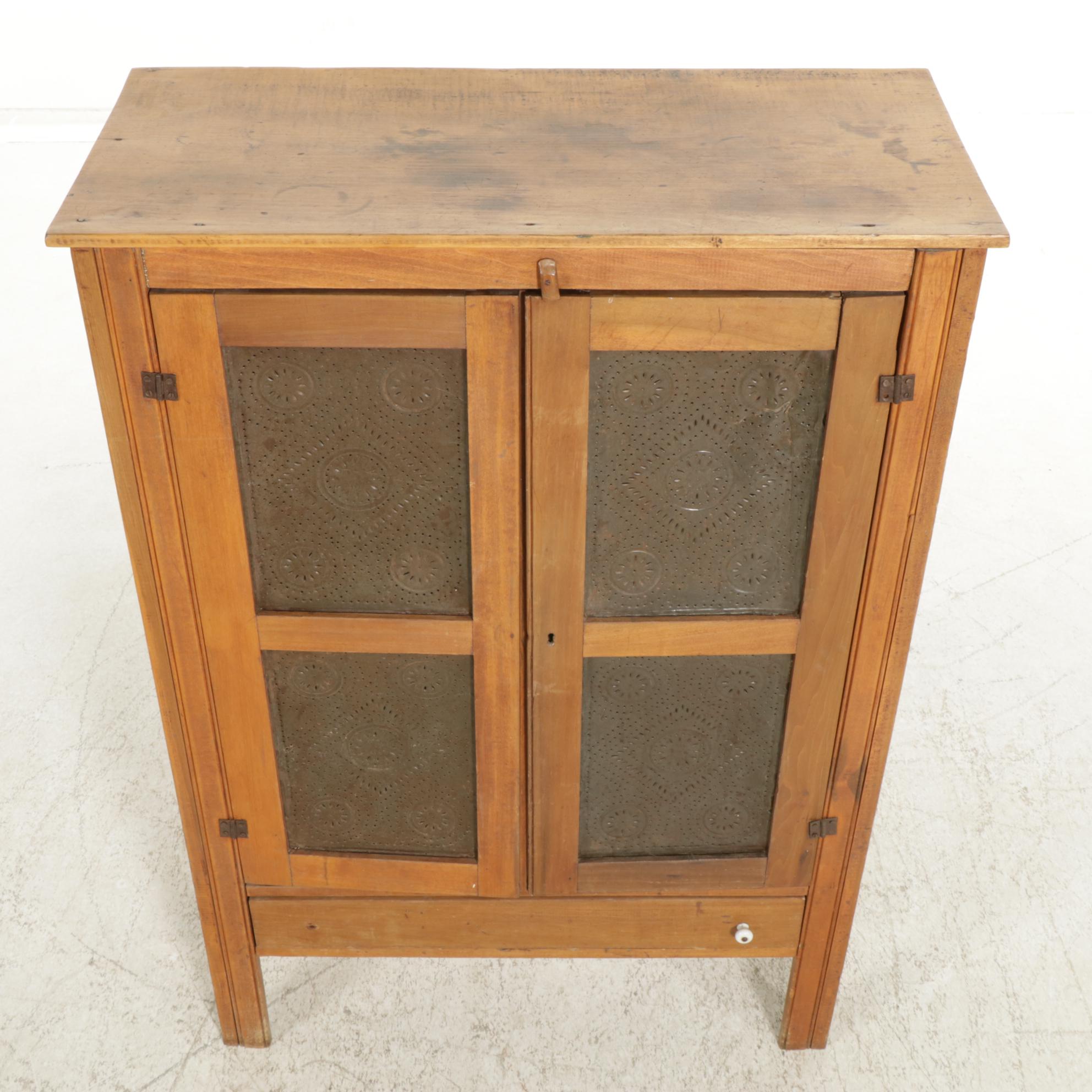 American Primitive Pie Safe Cabinet with Punched Tin Door Panels