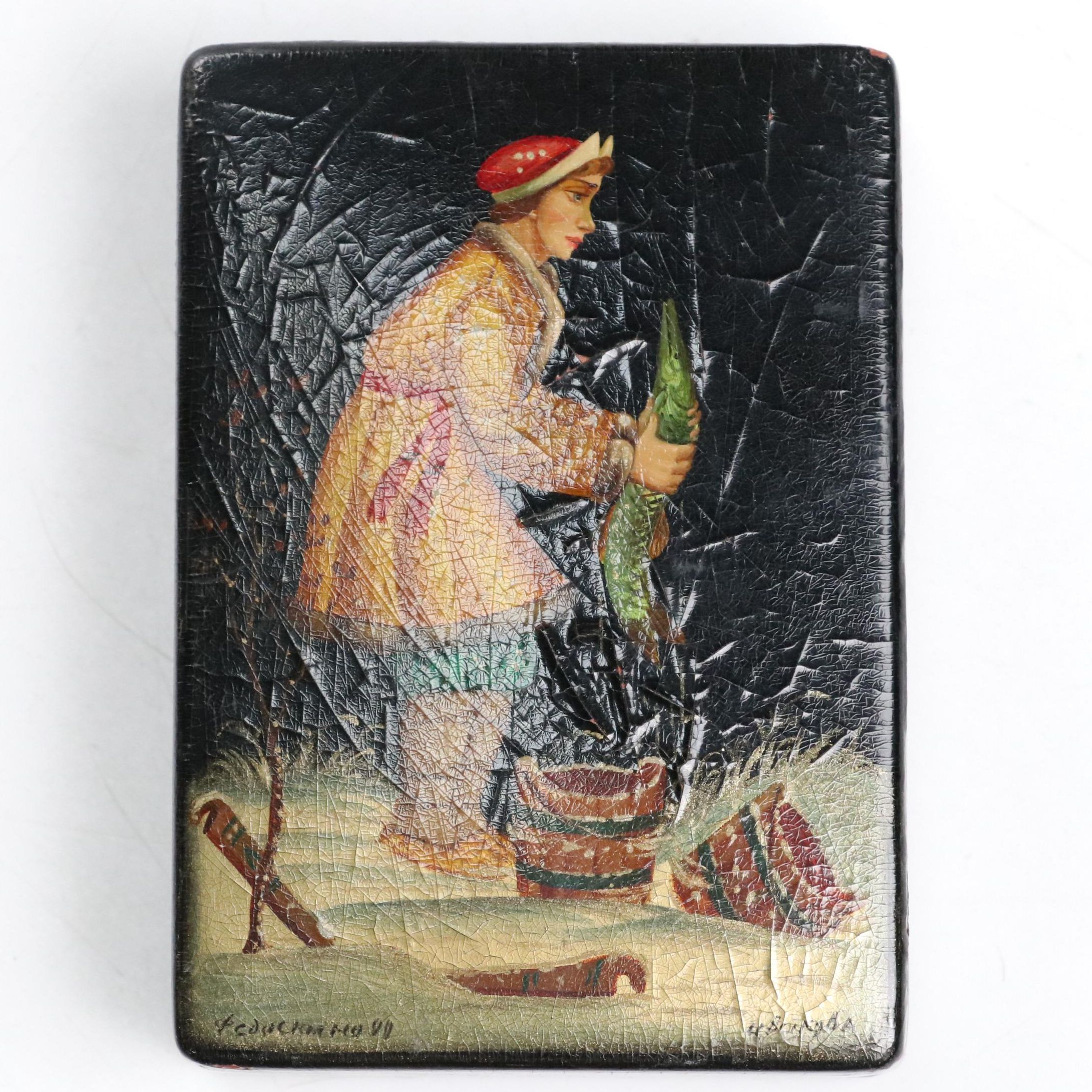 Russian Fedoskino Lacquerware Box Depicting a Fisherman and Fish