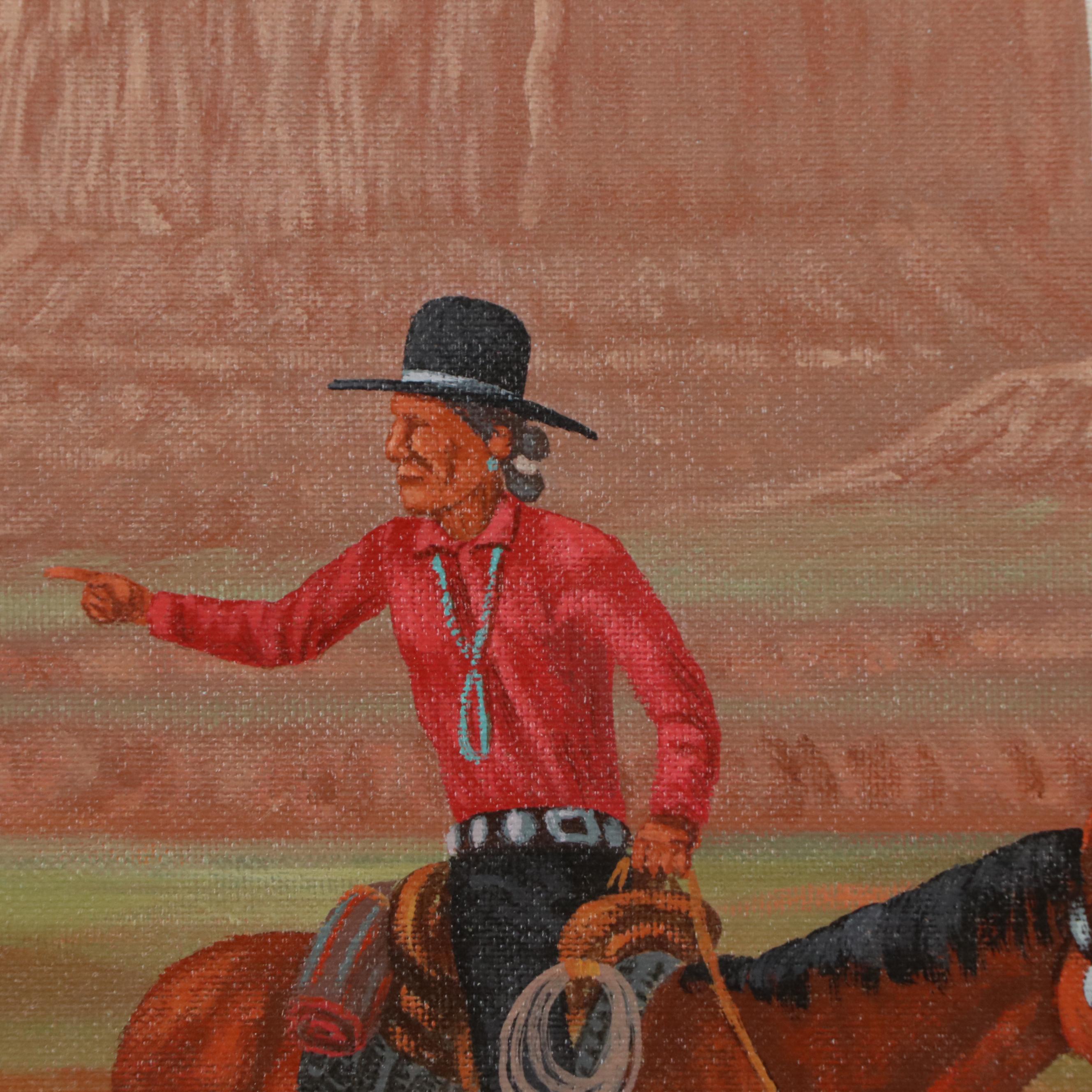 Jimmy Yellowhair Oil Painting With Native American Horseback Rider, 1986