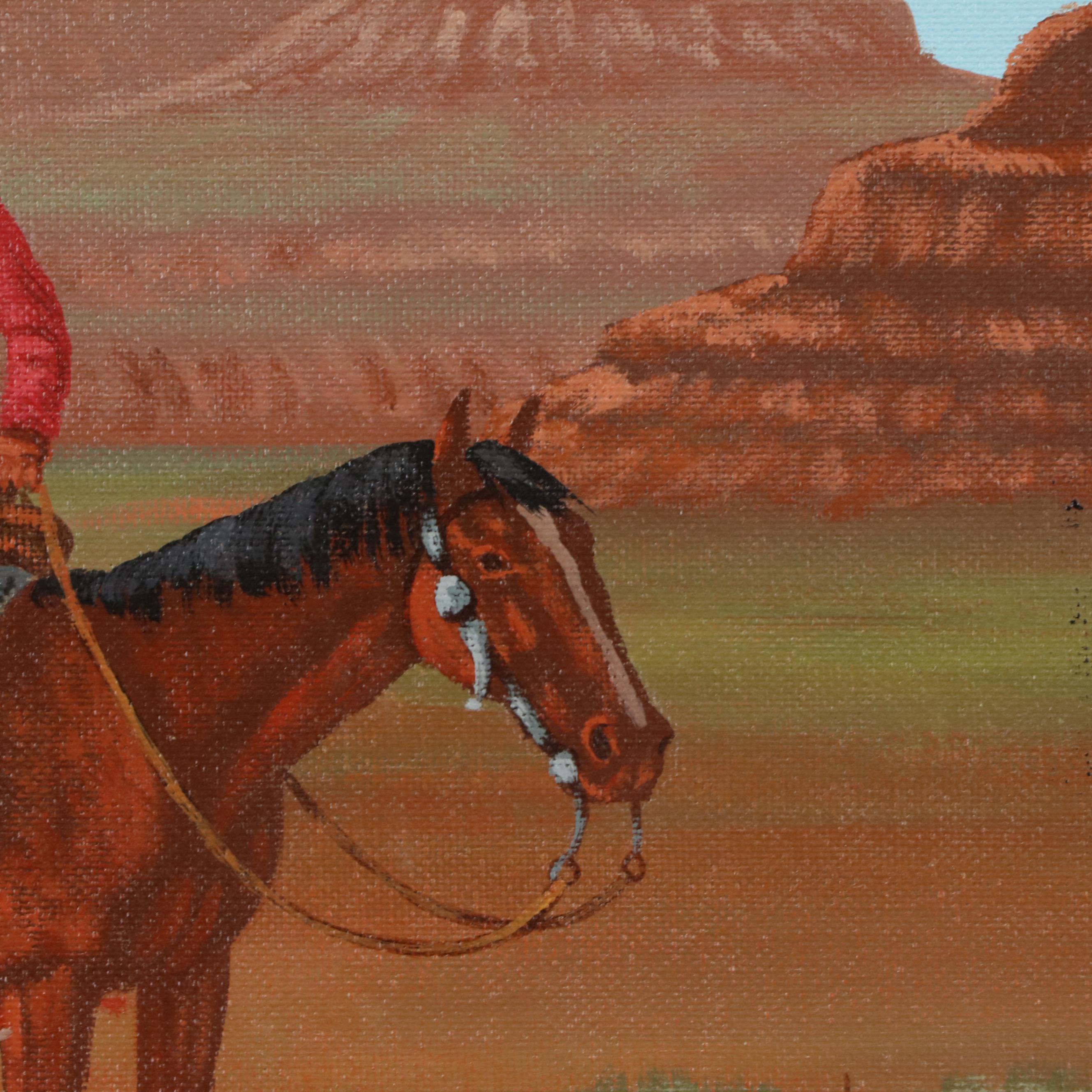 Jimmy Yellowhair Oil Painting With Native American Horseback Rider, 1986