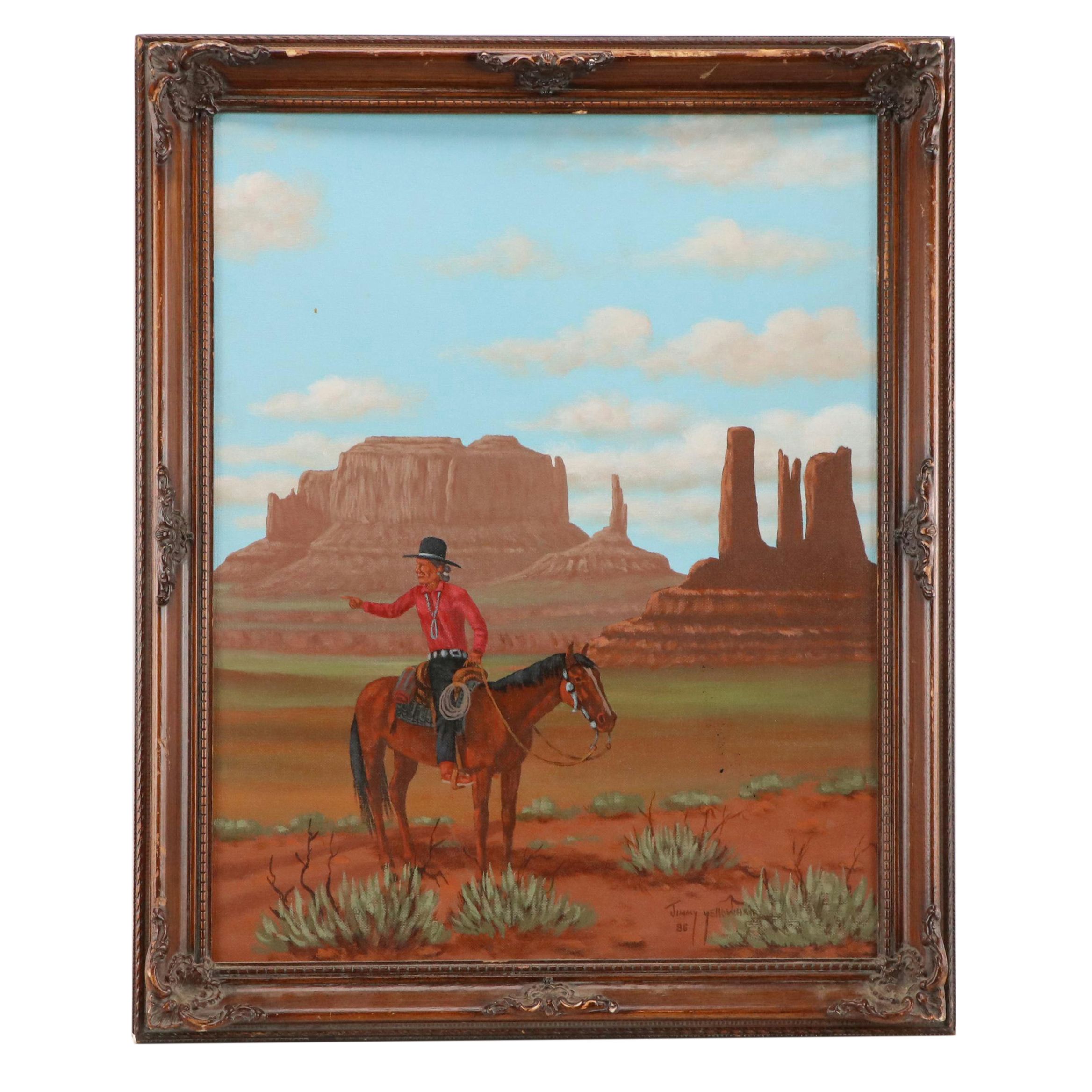 Jimmy Yellowhair Oil Painting With Native American Horseback Rider, 1986