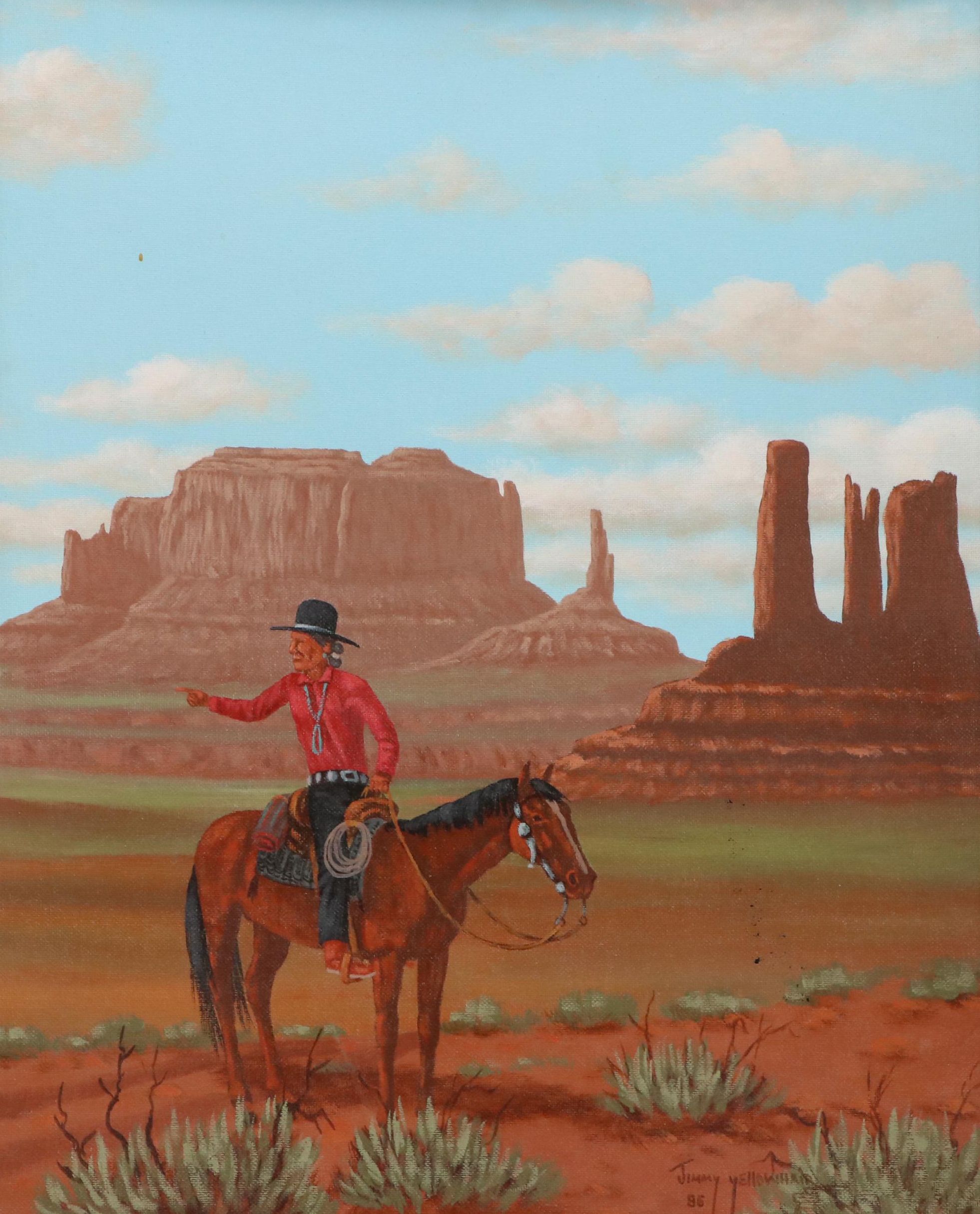 Jimmy Yellowhair Oil Painting With Native American Horseback Rider, 1986