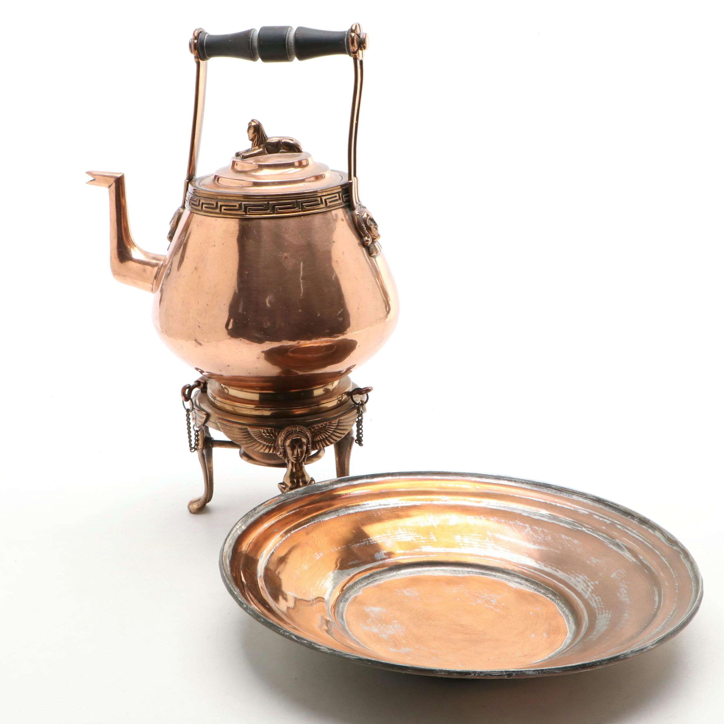 Victorian Caryatid Copper Kettle on Stand with Other Tinned Copper Charger