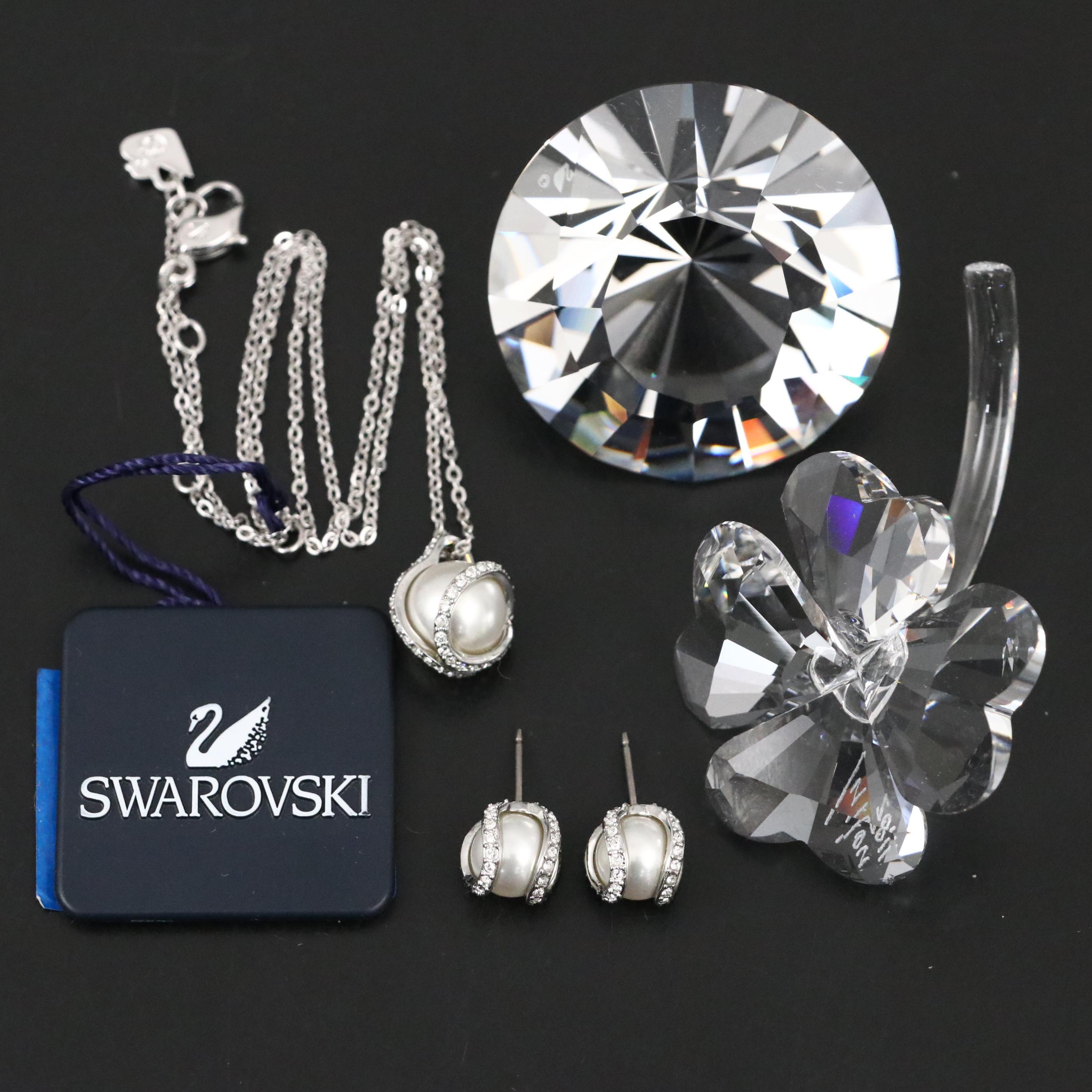 Swarovski Crystal Four Leaf Clover, Diamond, Faux Pearl Necklace and Earrings