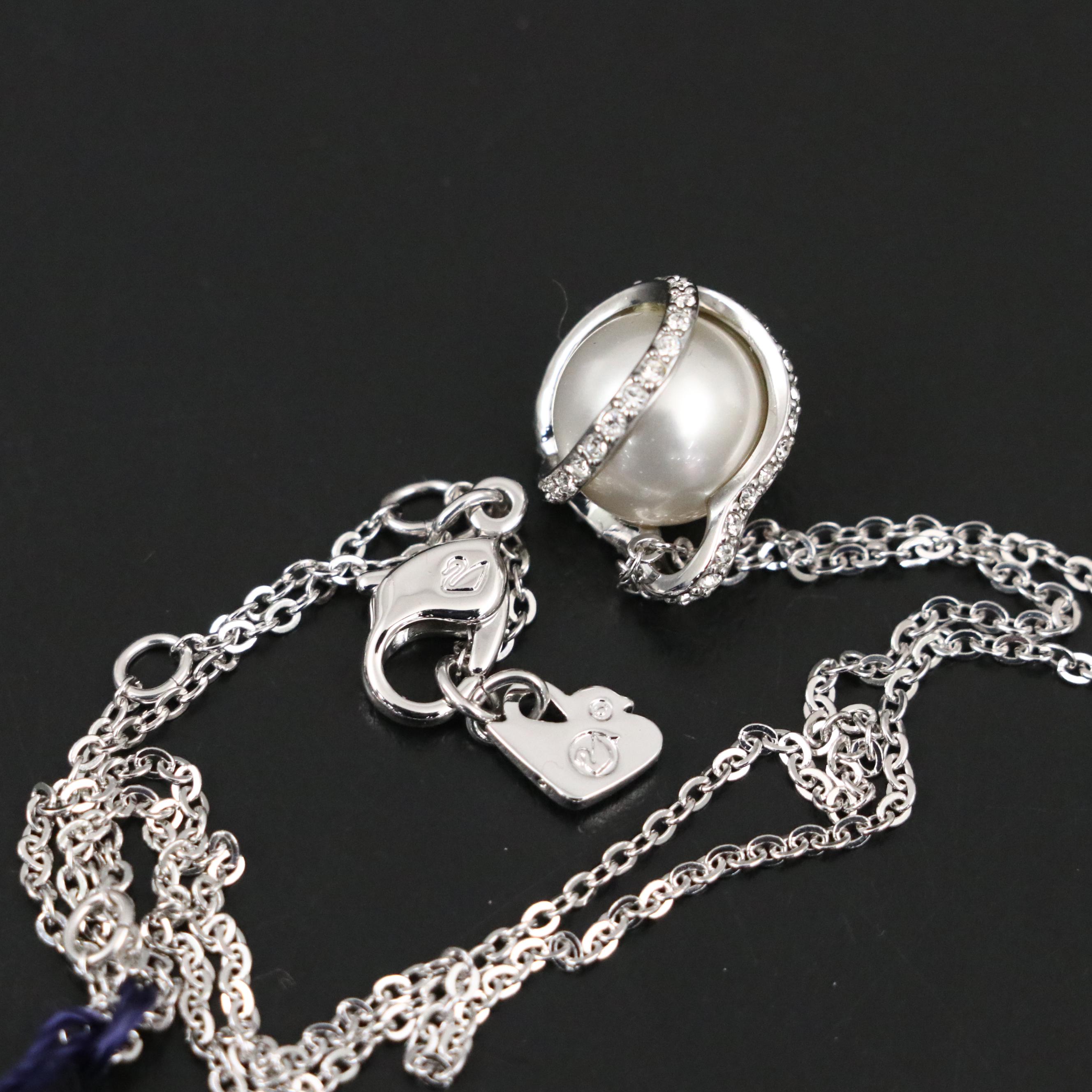 Swarovski Crystal Four Leaf Clover, Diamond, Faux Pearl Necklace and Earrings