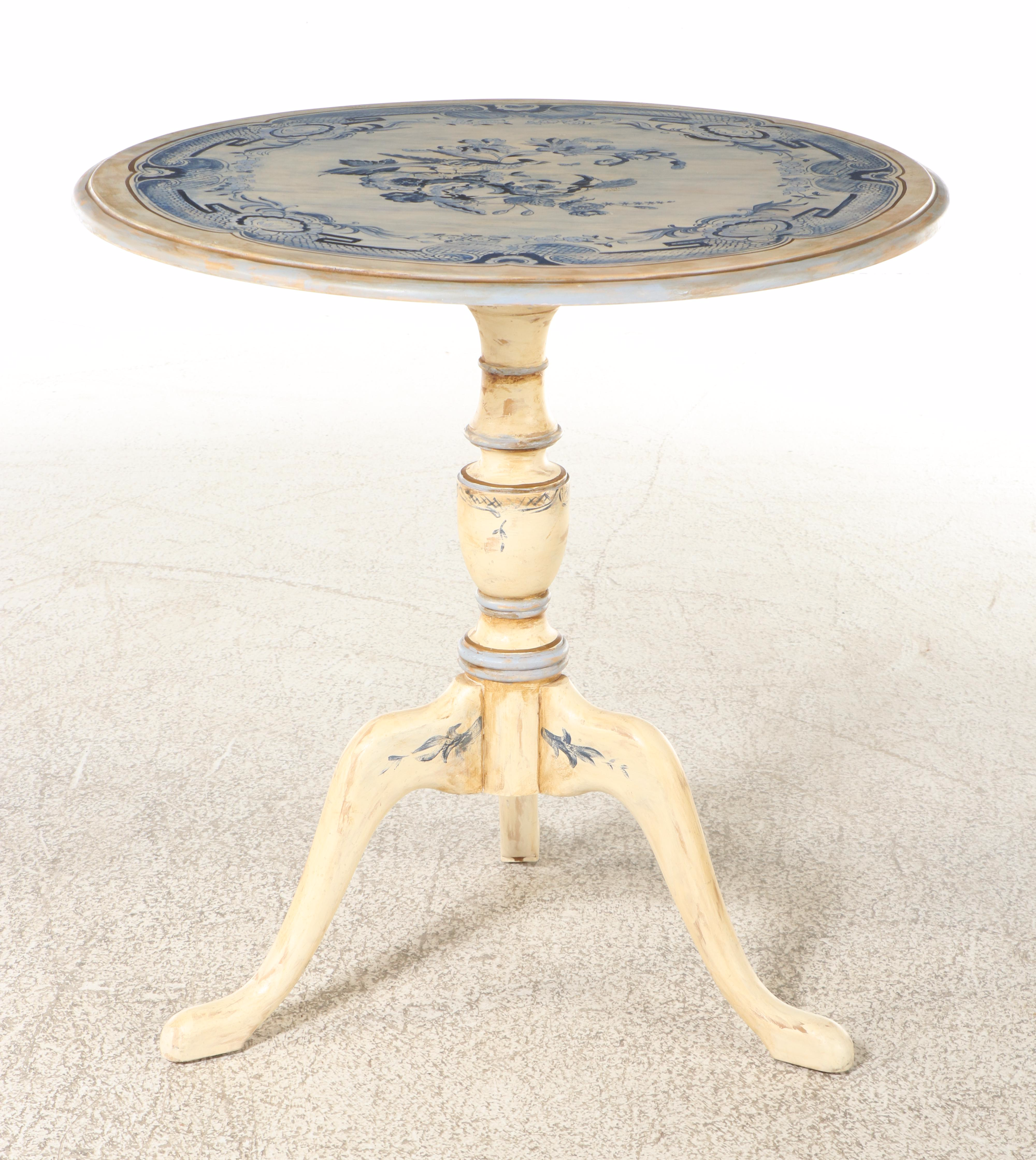 Habersham Queen Anne Style Hand-Painted Tilt-Top Tea Table, signed "C. Miller"