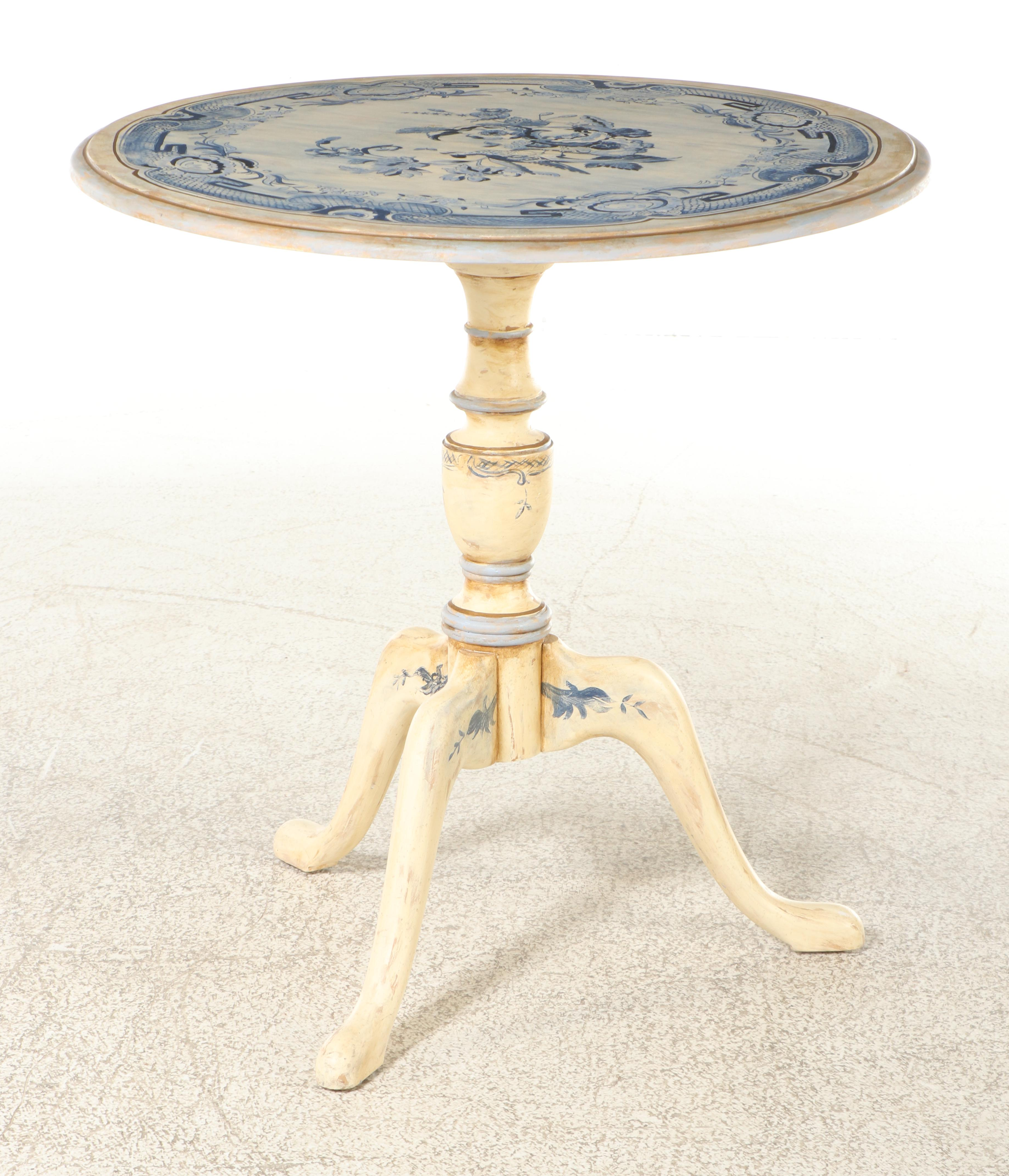 Habersham Queen Anne Style Hand-Painted Tilt-Top Tea Table, signed "C. Miller"