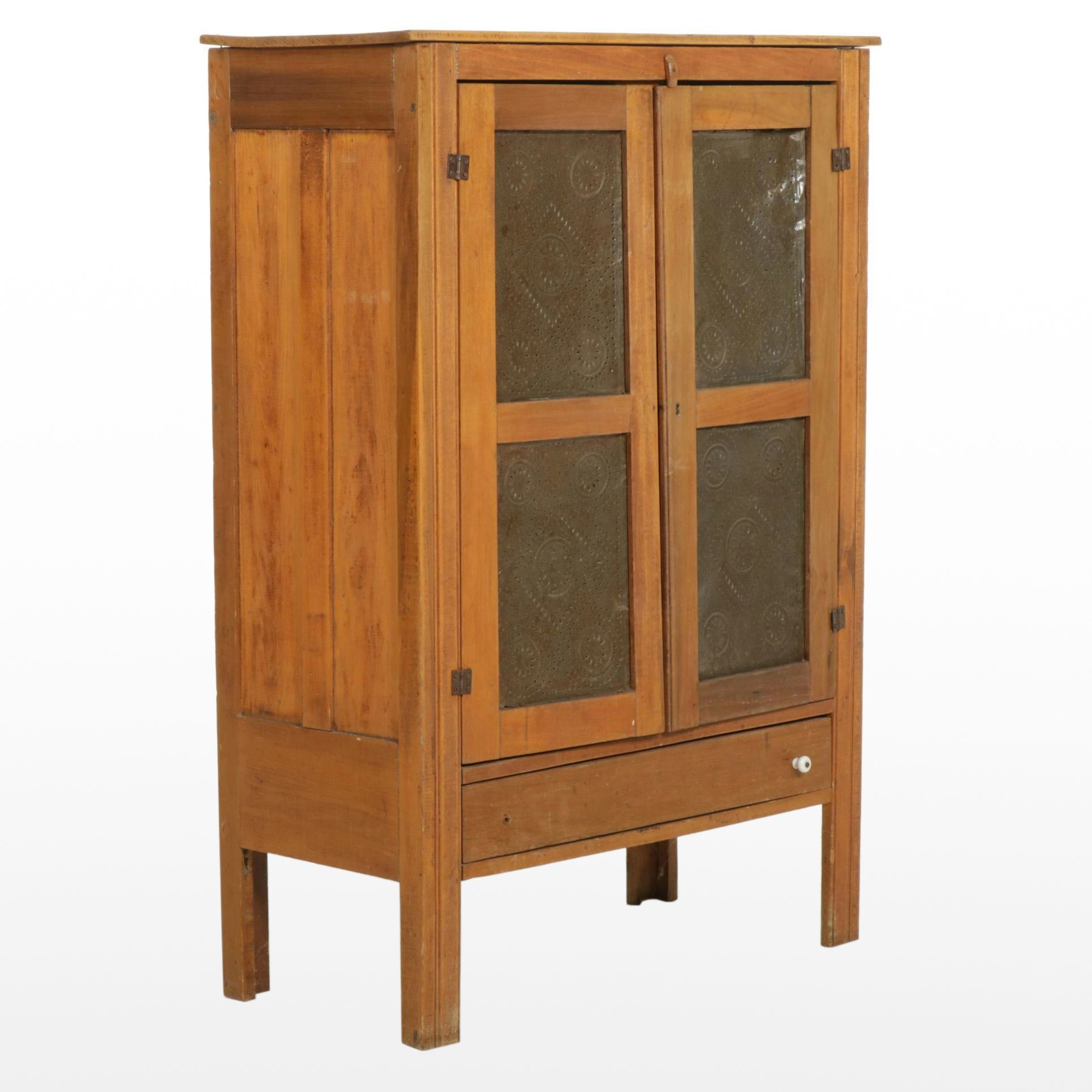 American Primitive Pie Safe Cabinet with Punched Tin Door Panels