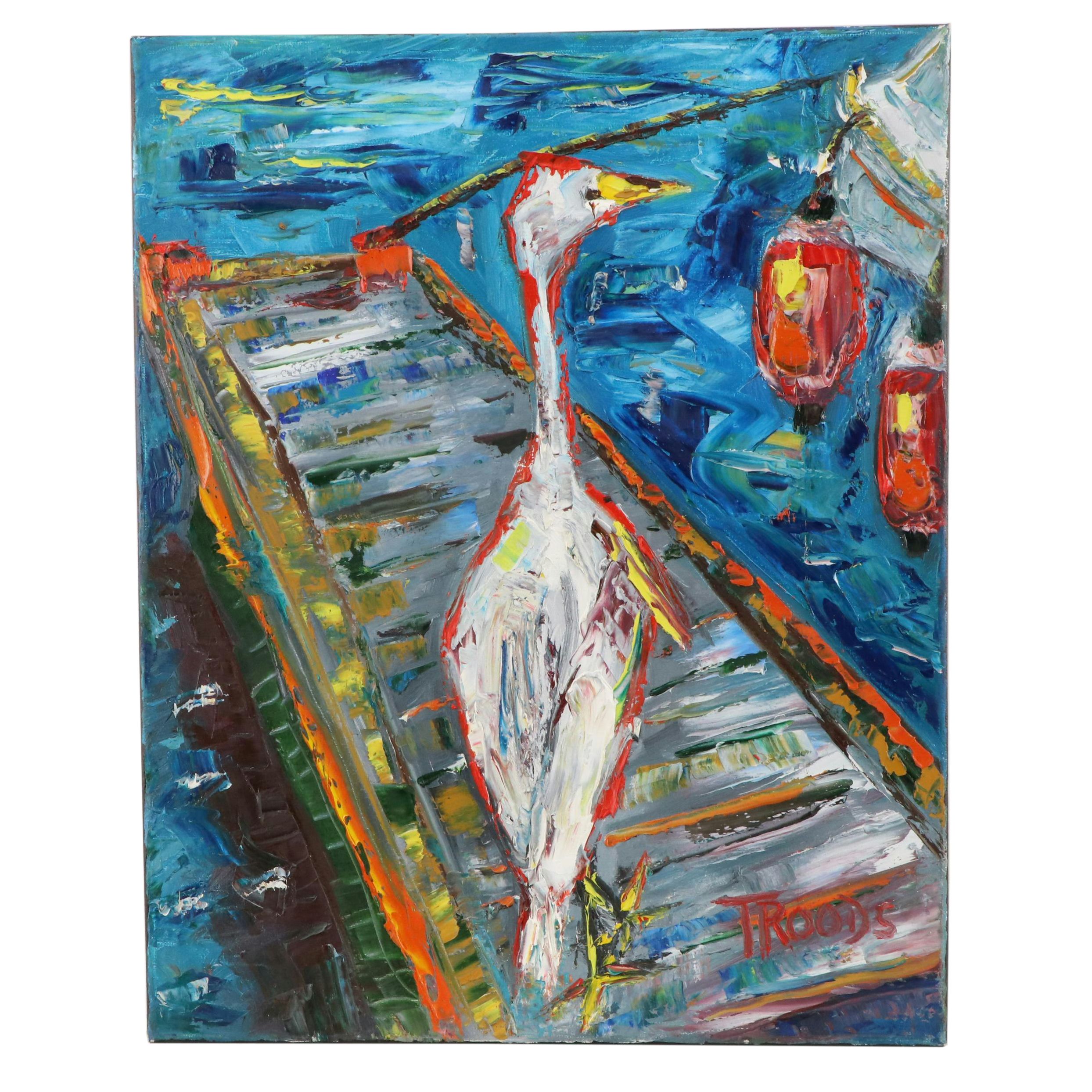 Patricia "Troods" Nolan-Brown Stylized Oil Painting "Bird on Deck," 2021