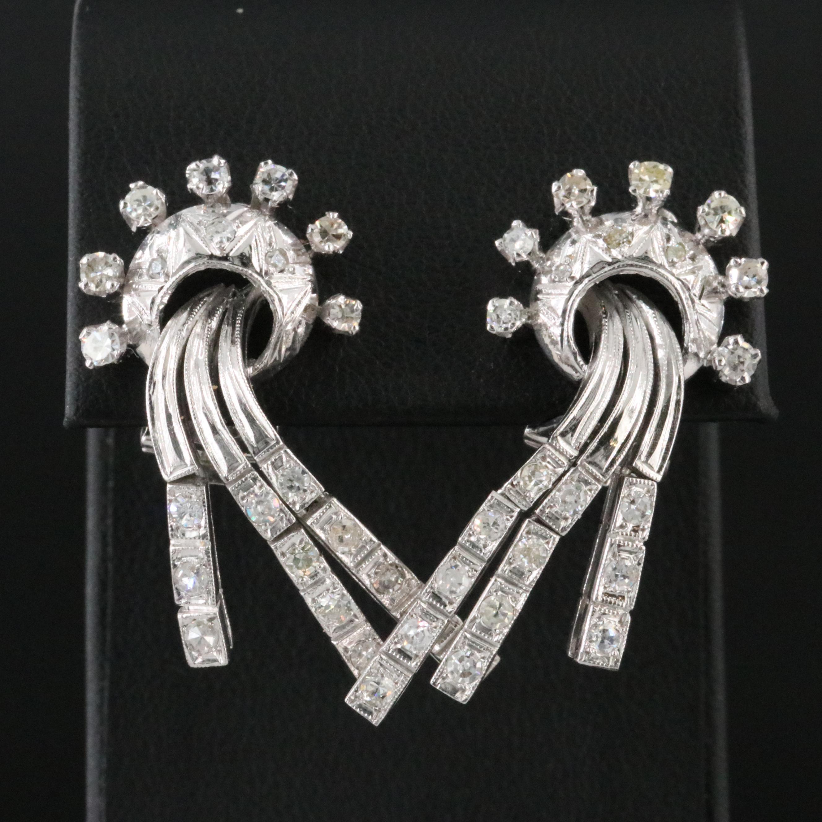 1950s Platinum Palladium and 1.05 CTW Diamond Waterfall Clip Earrings