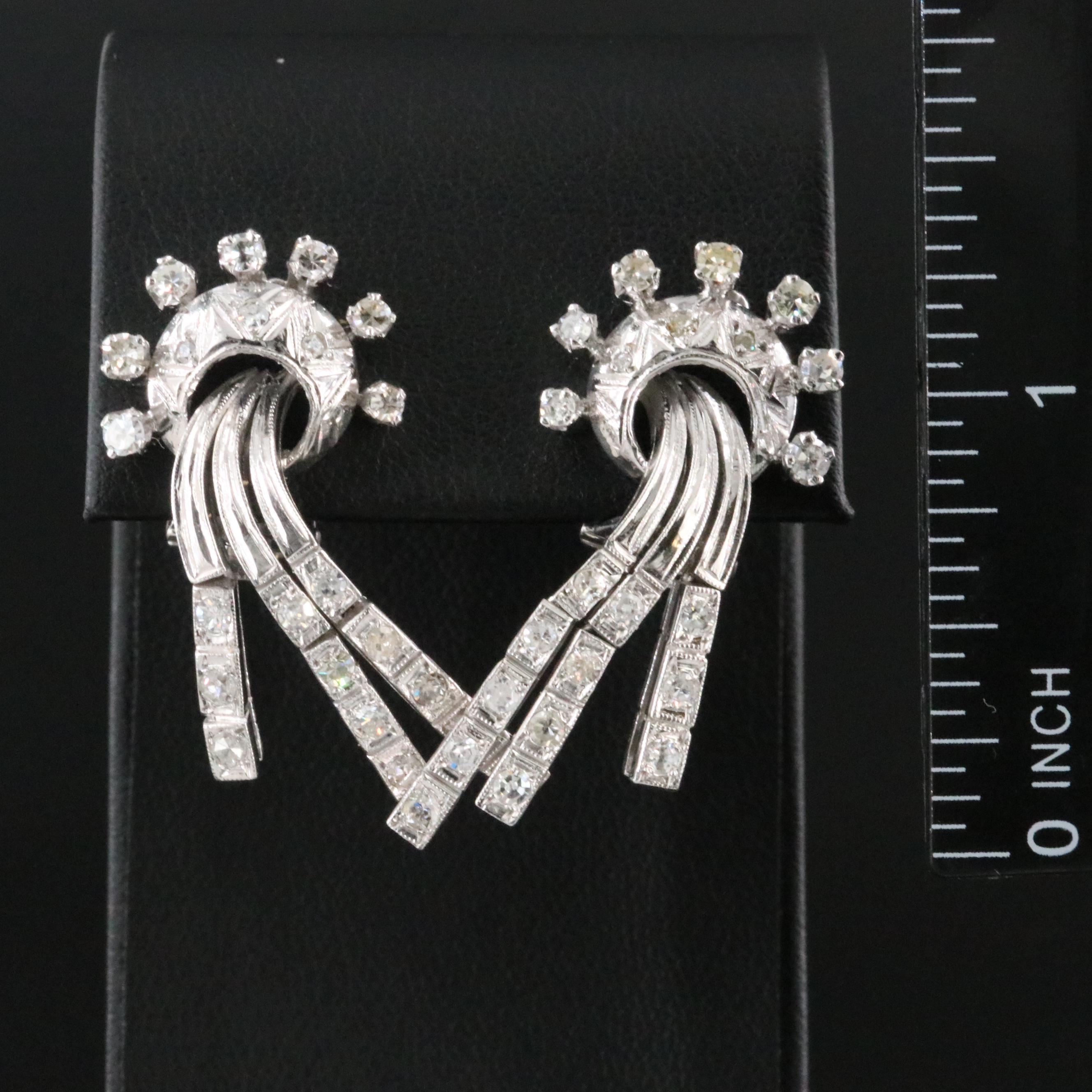 1950s Platinum Palladium and 1.05 CTW Diamond Waterfall Clip Earrings