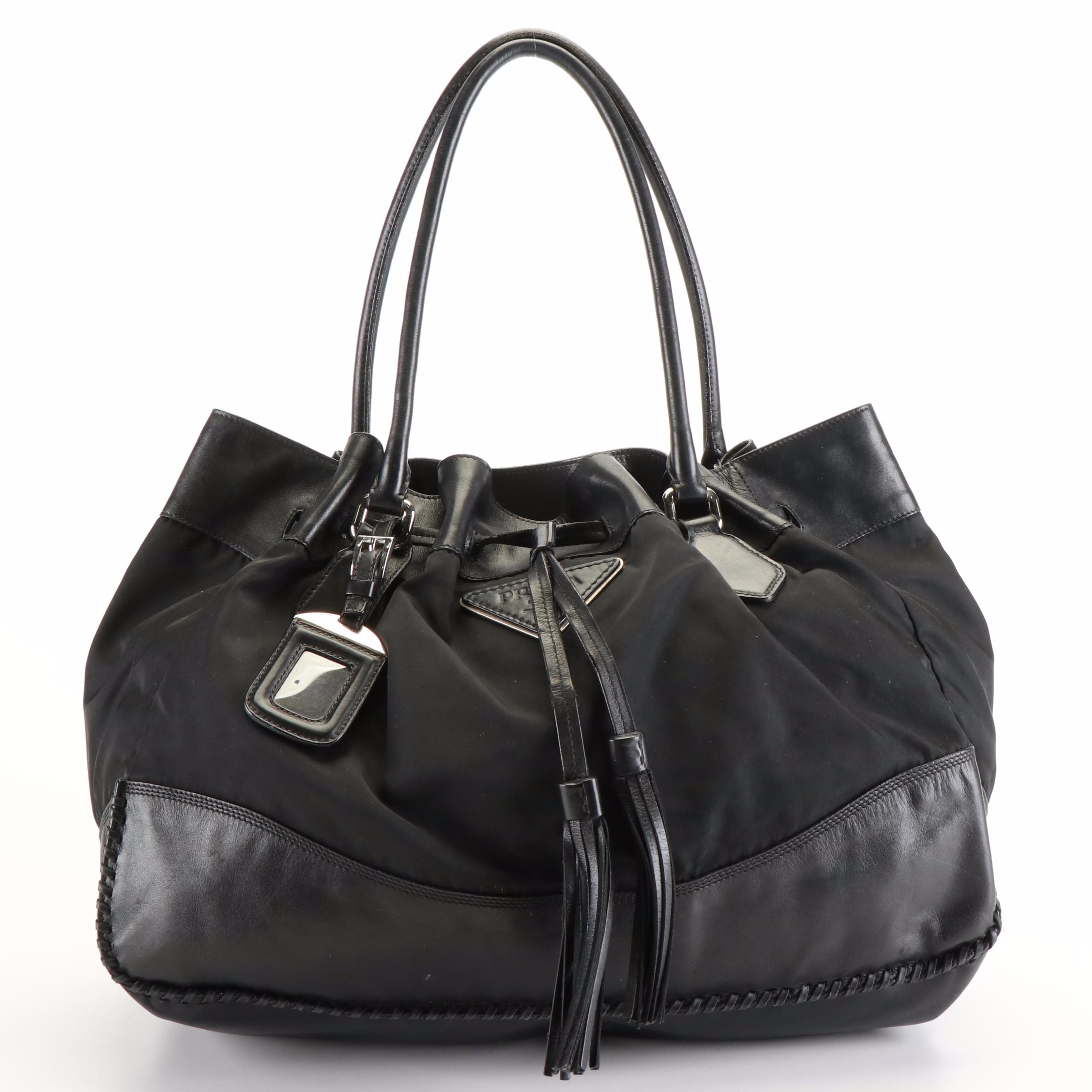 Prada Shoulder Tote Bag in Black Tessuto Nylon and Calfskin Leather