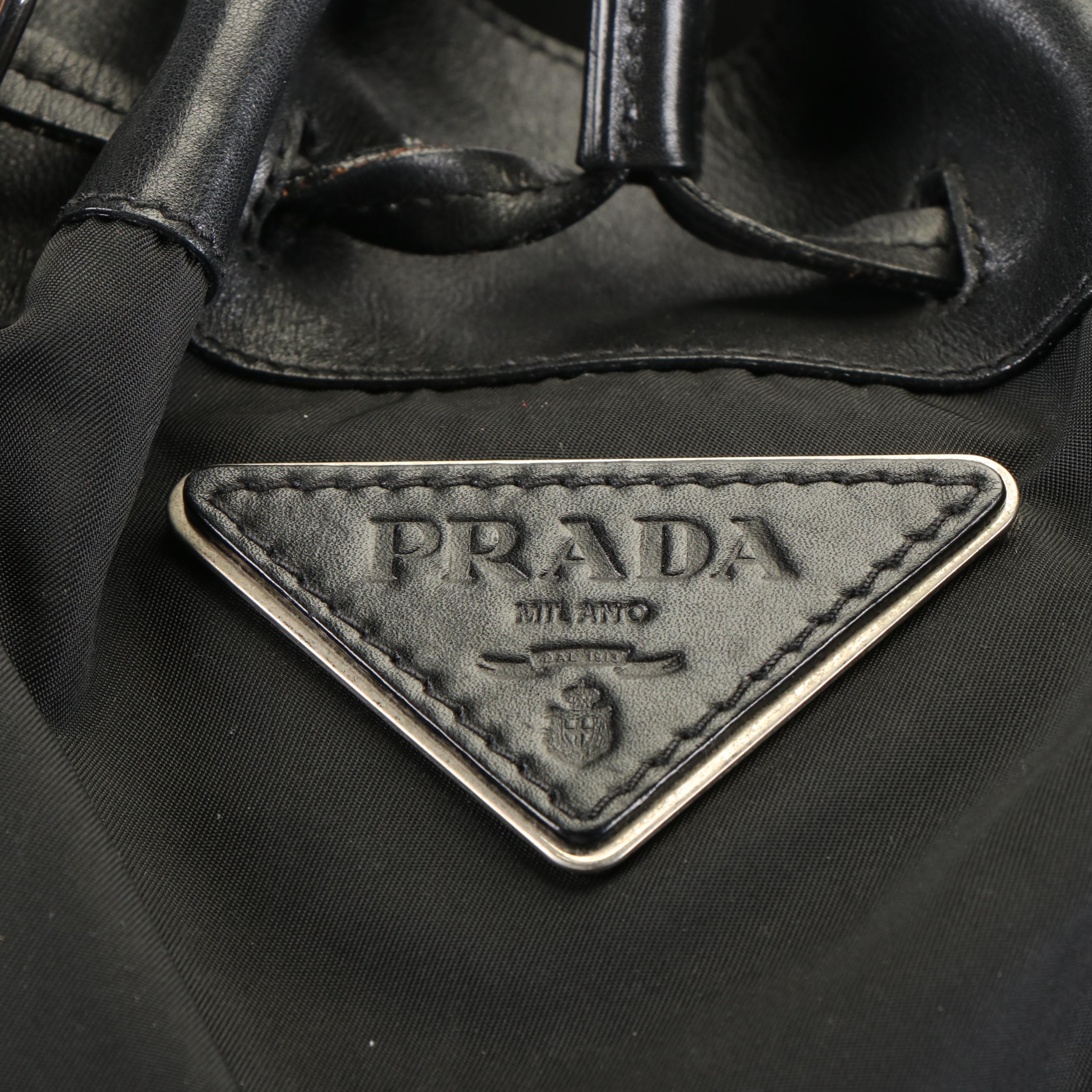 Prada Shoulder Tote Bag in Black Tessuto Nylon and Calfskin Leather