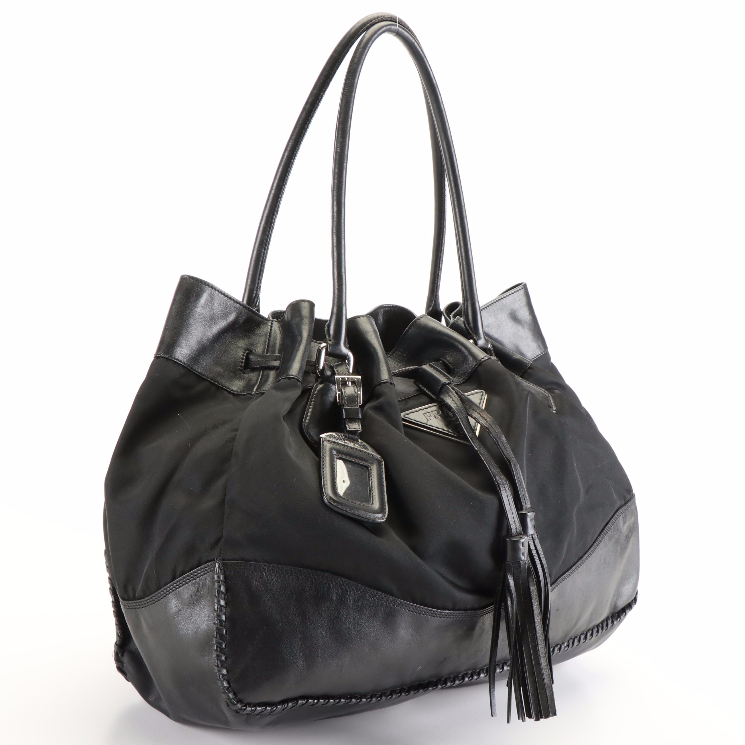 Prada Shoulder Tote Bag in Black Tessuto Nylon and Calfskin Leather