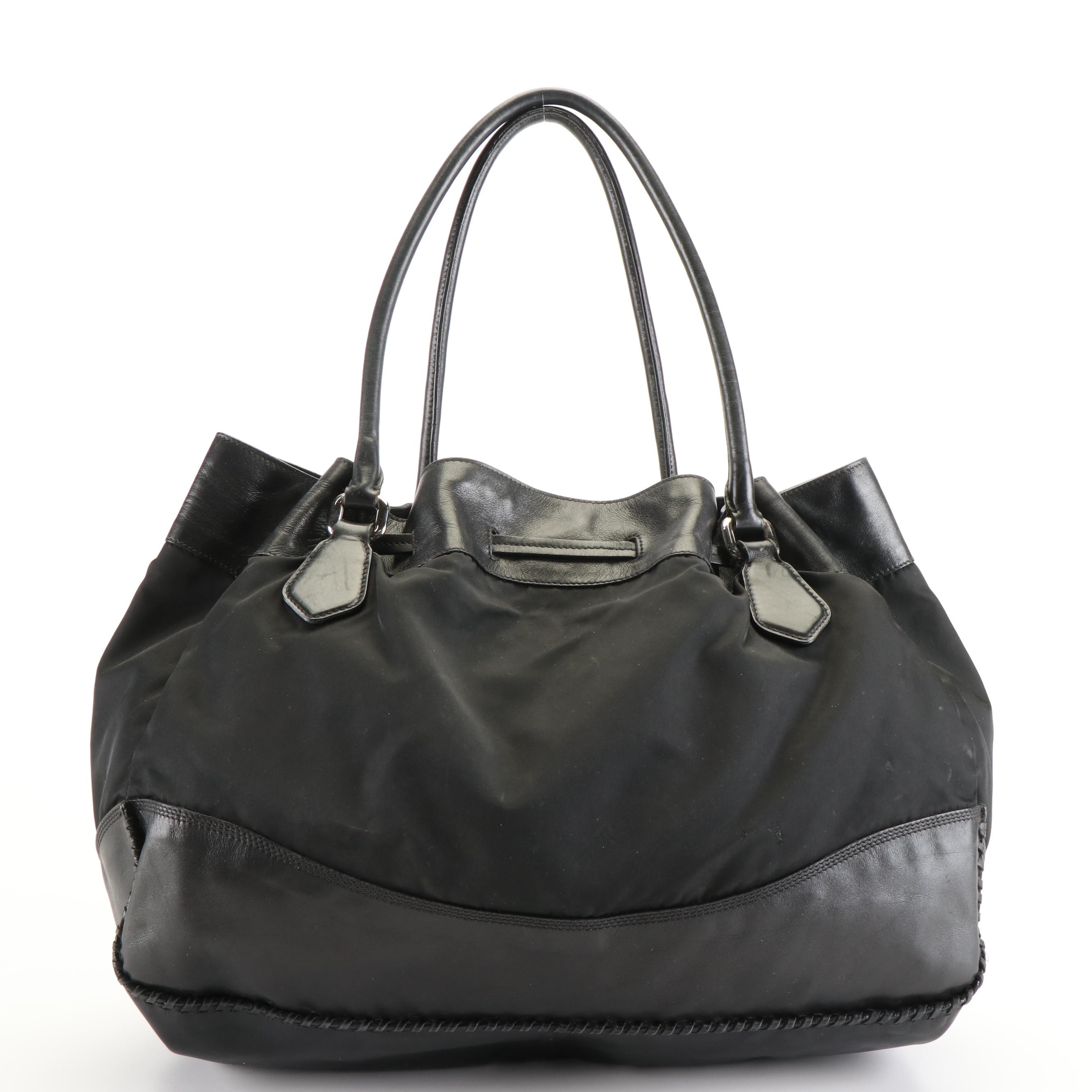 Prada Shoulder Tote Bag in Black Tessuto Nylon and Calfskin Leather