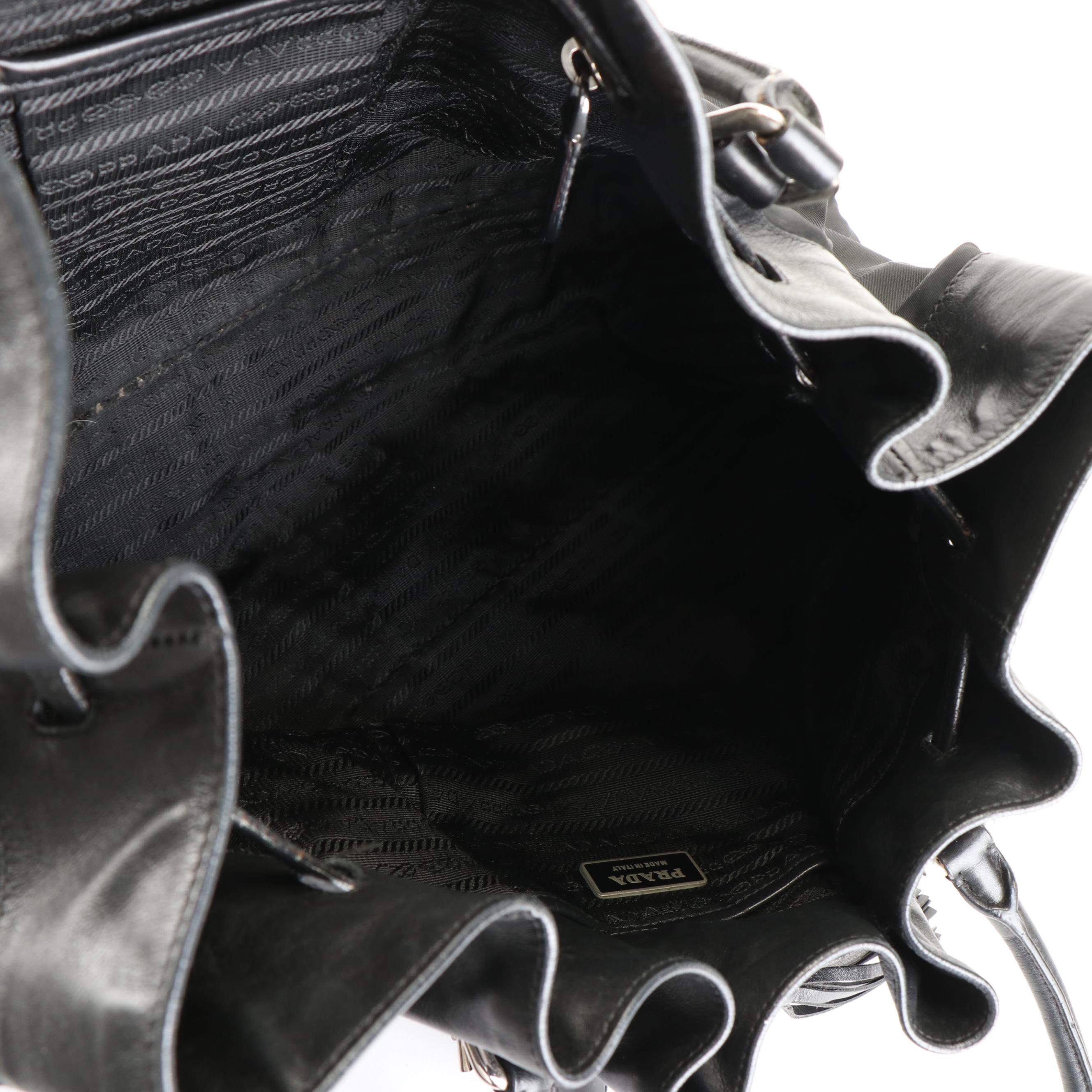 Prada Shoulder Tote Bag in Black Tessuto Nylon and Calfskin Leather