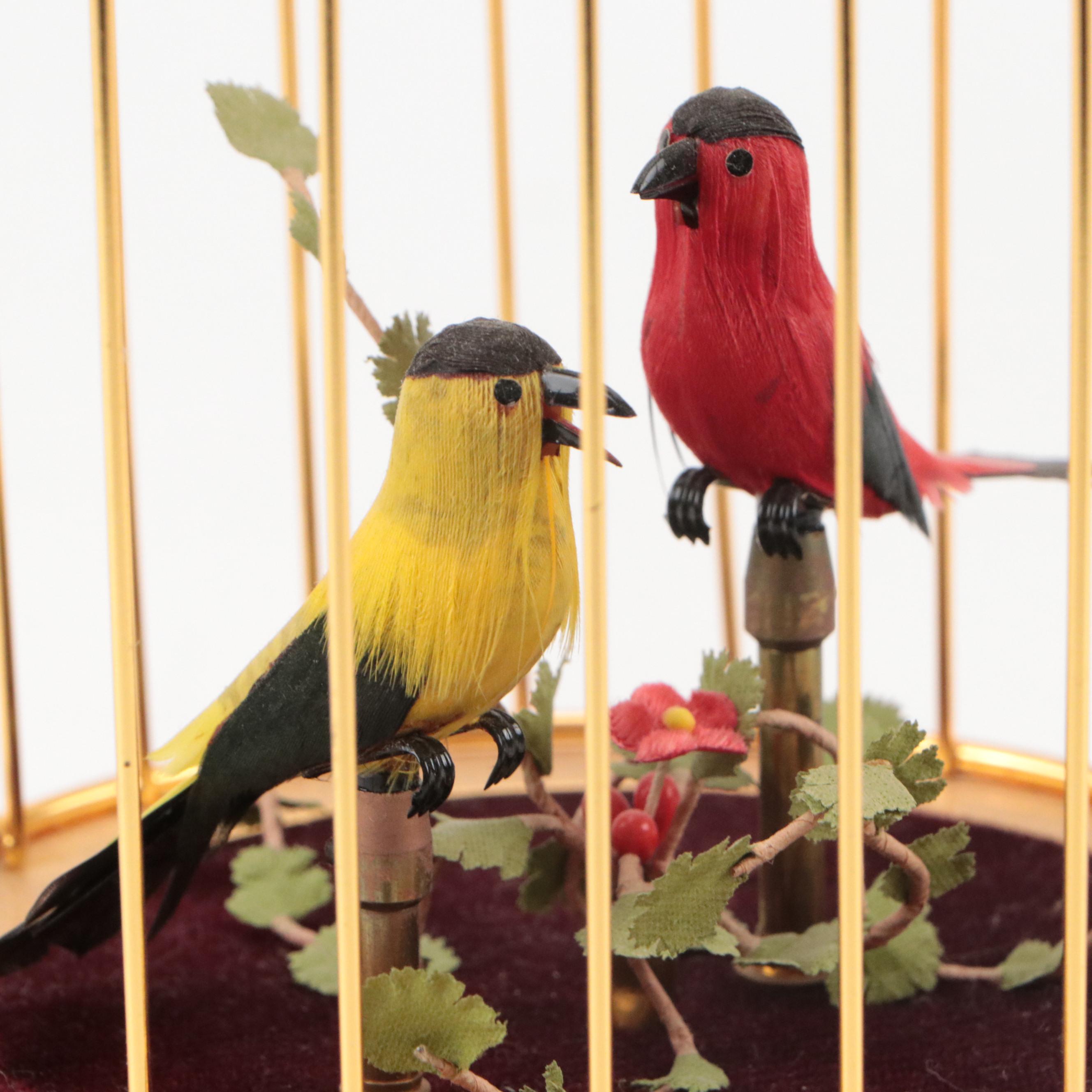 West German Singing Automaton Birds in Gilt Metal Cage