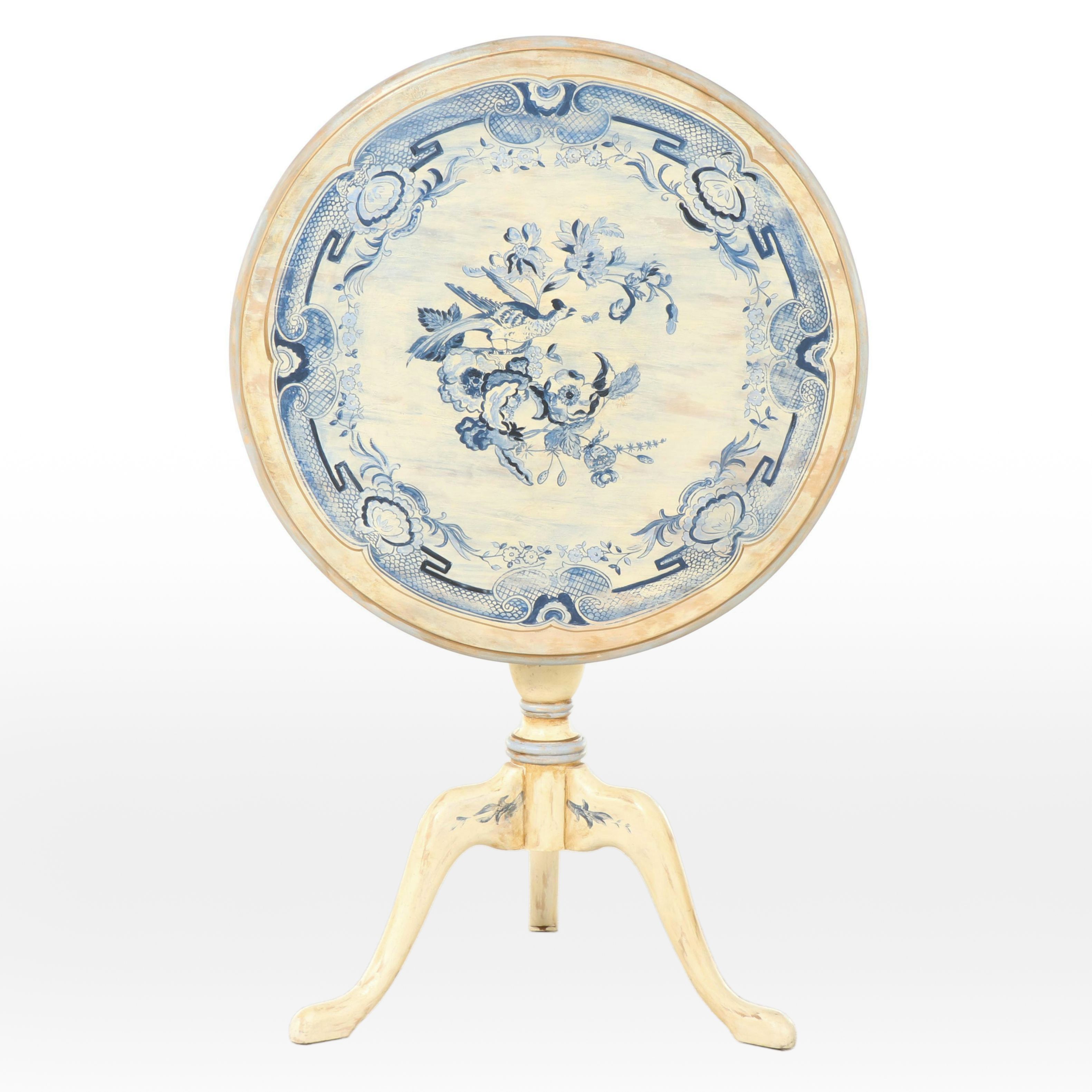 Habersham Queen Anne Style Hand-Painted Tilt-Top Tea Table, signed "C. Miller"