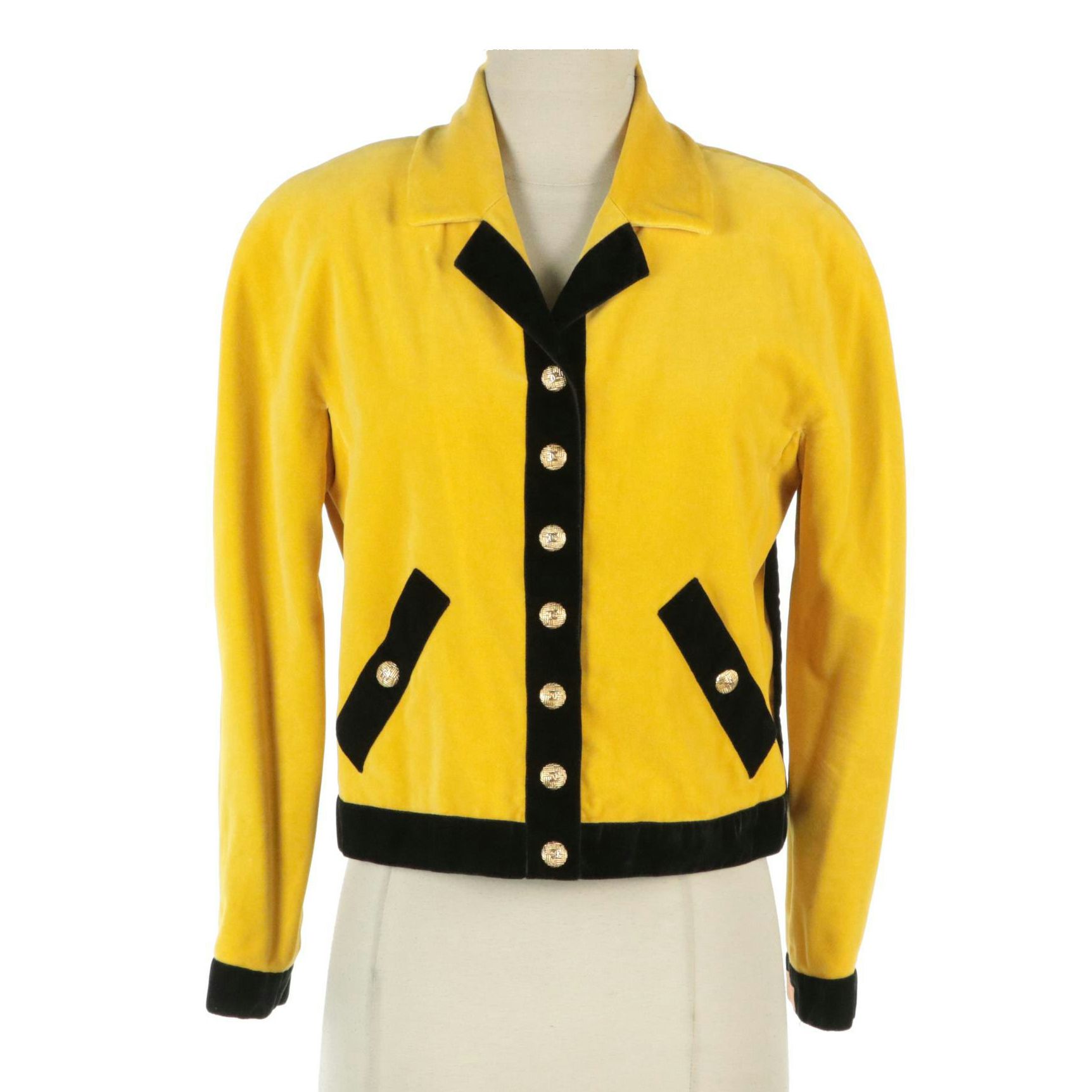Chanel Boutique Vintage Black and Yellow Velvet CC Snap-Front Jacket