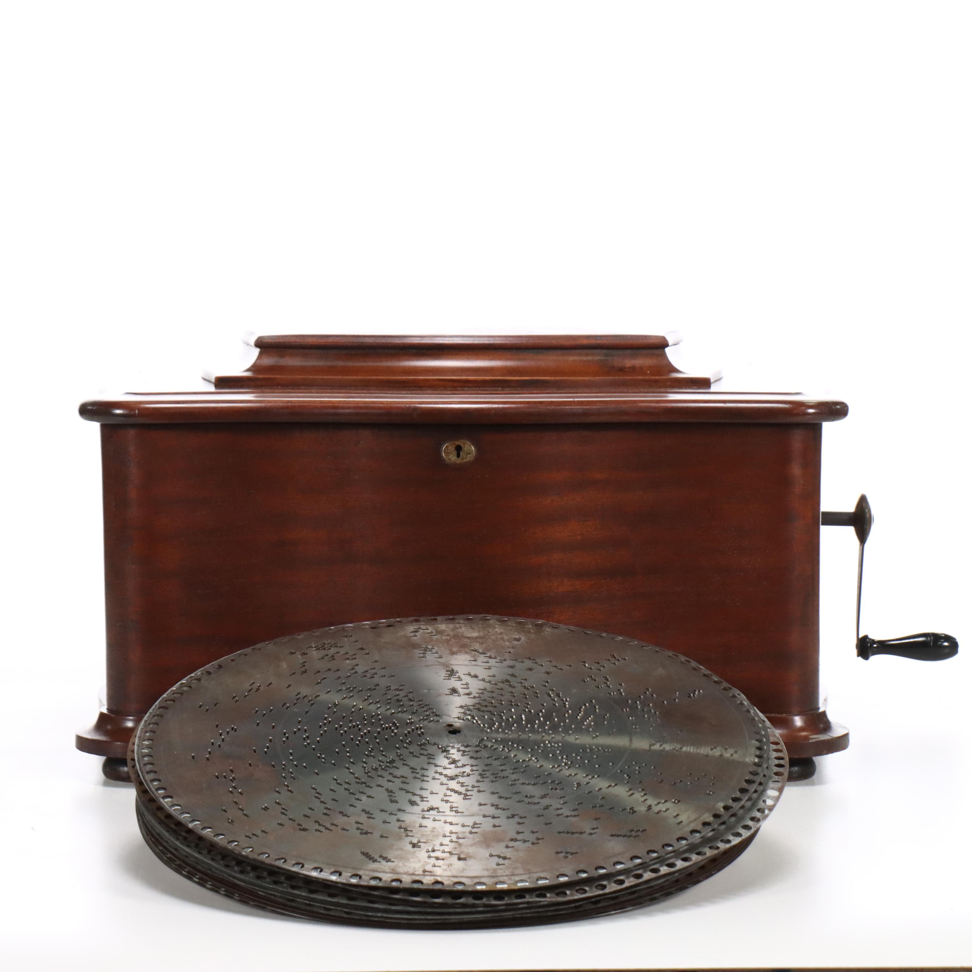 Regina Music Box Co. Finished Wood Disc Music Box with 15.5" Metal Discs