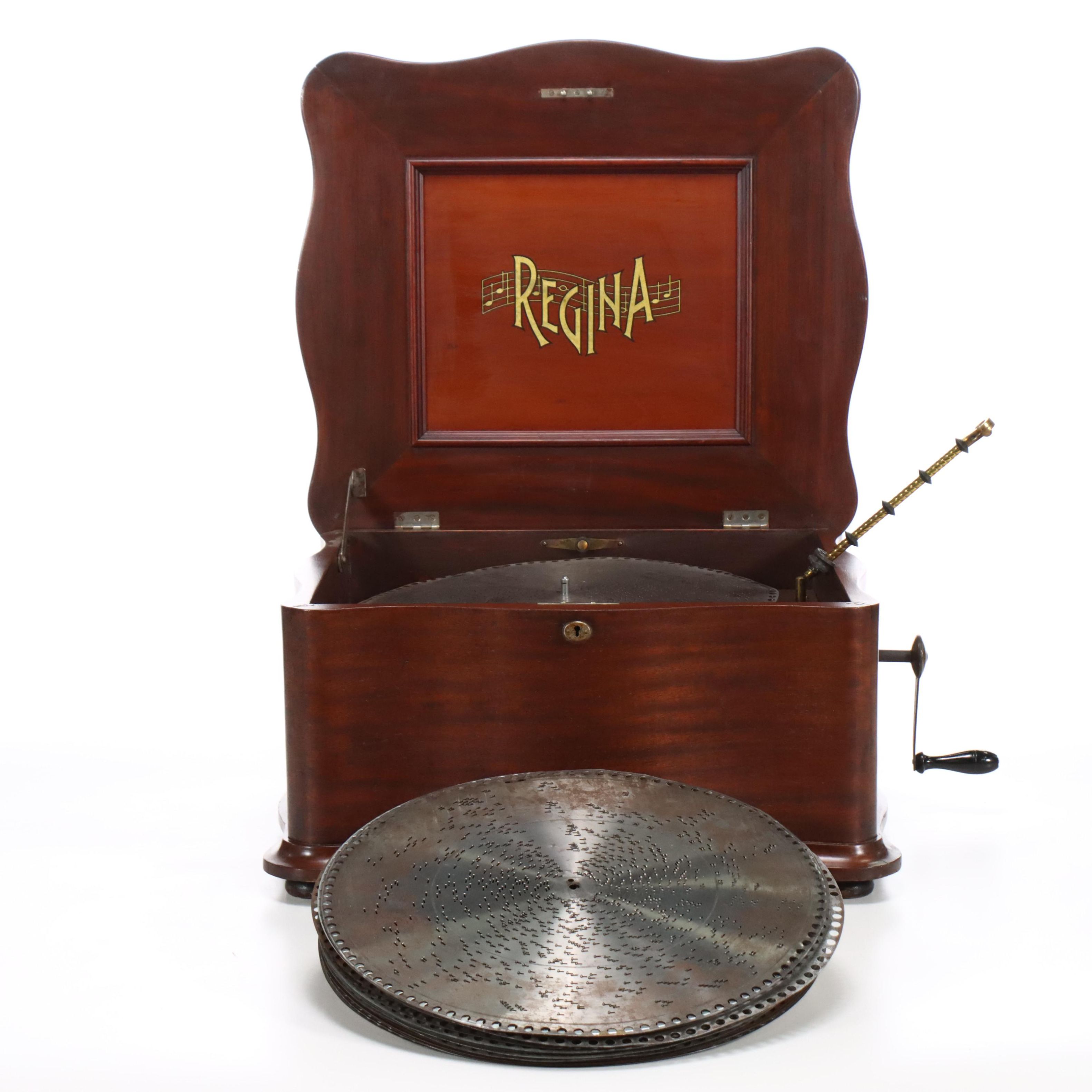 Regina Music Box Co. Finished Wood Disc Music Box with 15.5" Metal Discs
