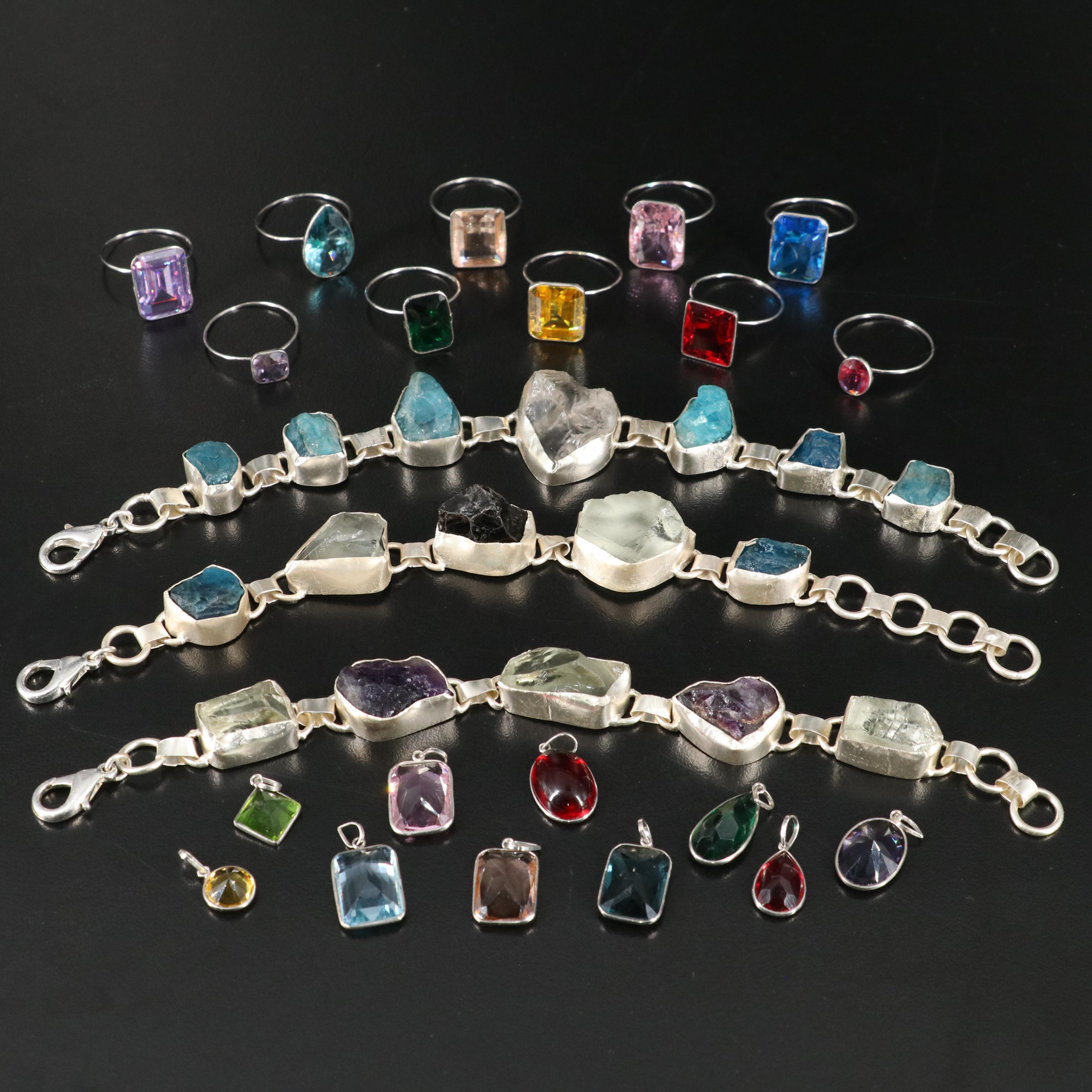 23 Silver Plated Bracelets, Rings, and Pendants With Glass Stones