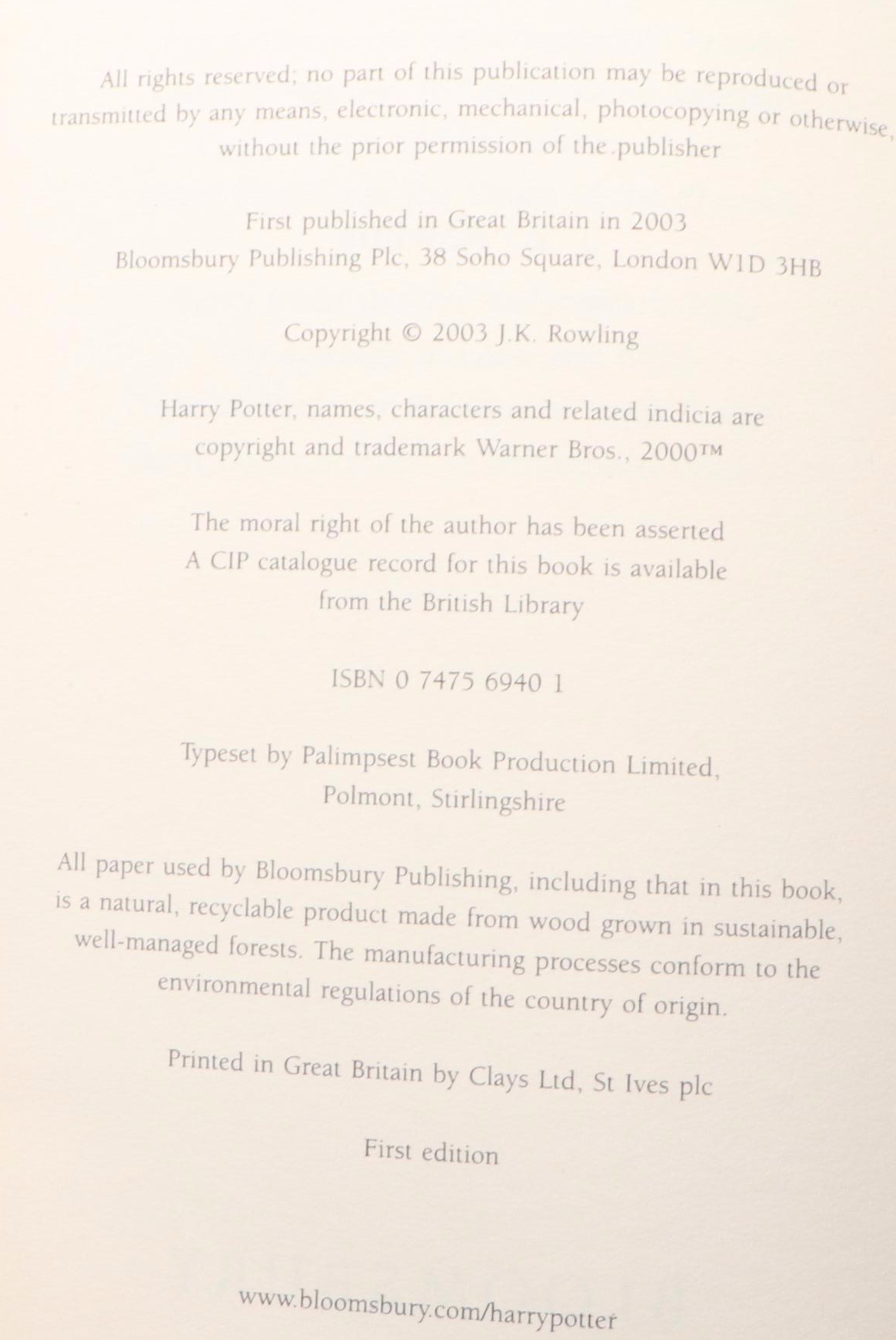 First UK Adult Edition "Harry Potter and the Order of the Phoenix" by Rowling
