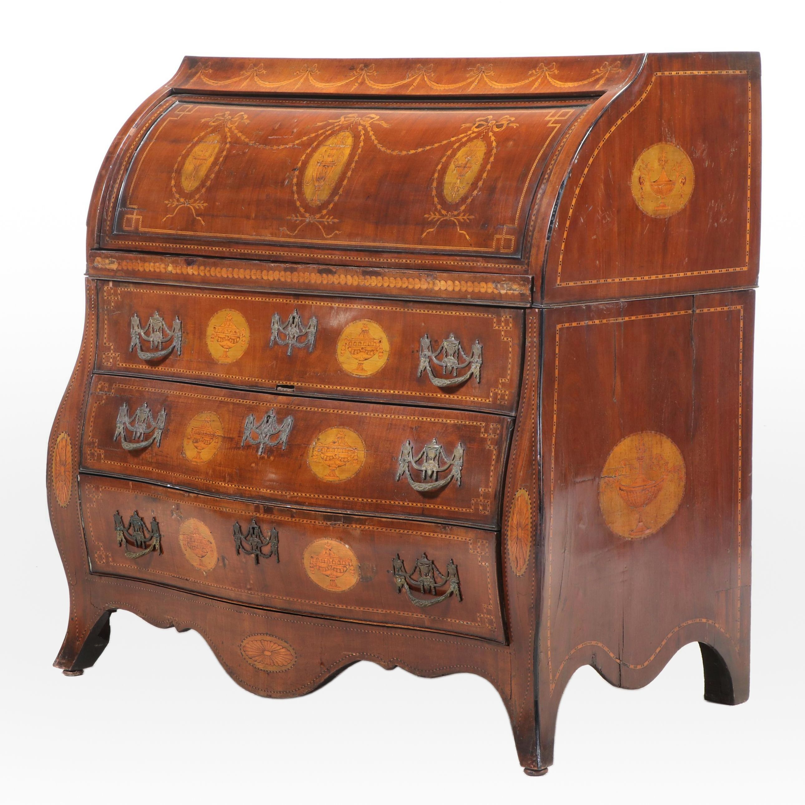 Dutch Mahogany and Marquetry Bombé-Front Cylinder Bureau, Early 19th Century