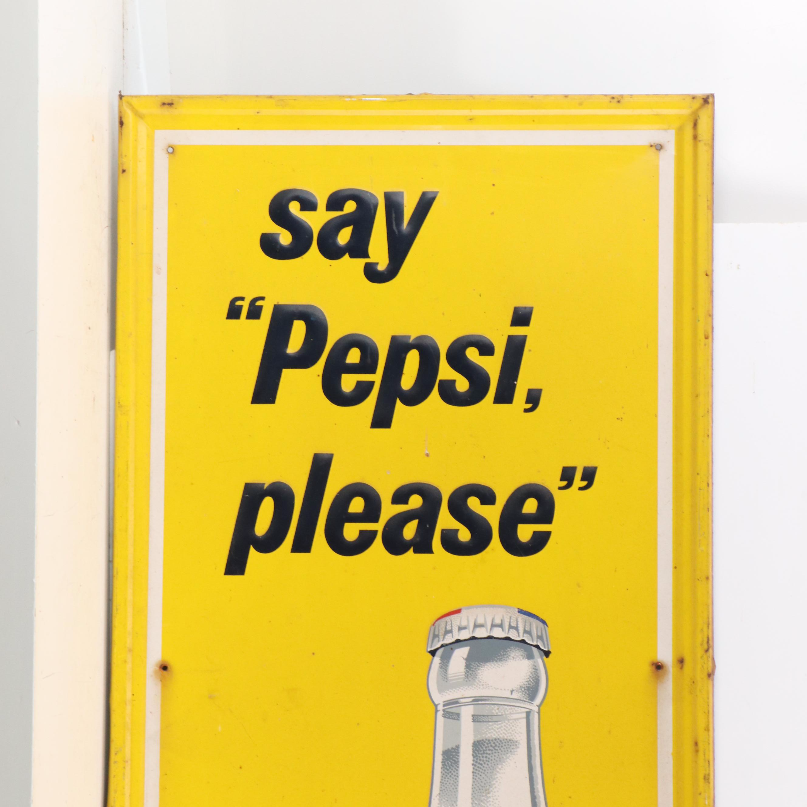 Pepsi-Cola Pressed Metal and Enamel Advertising Sign "Pepsi, Please," circa 1960