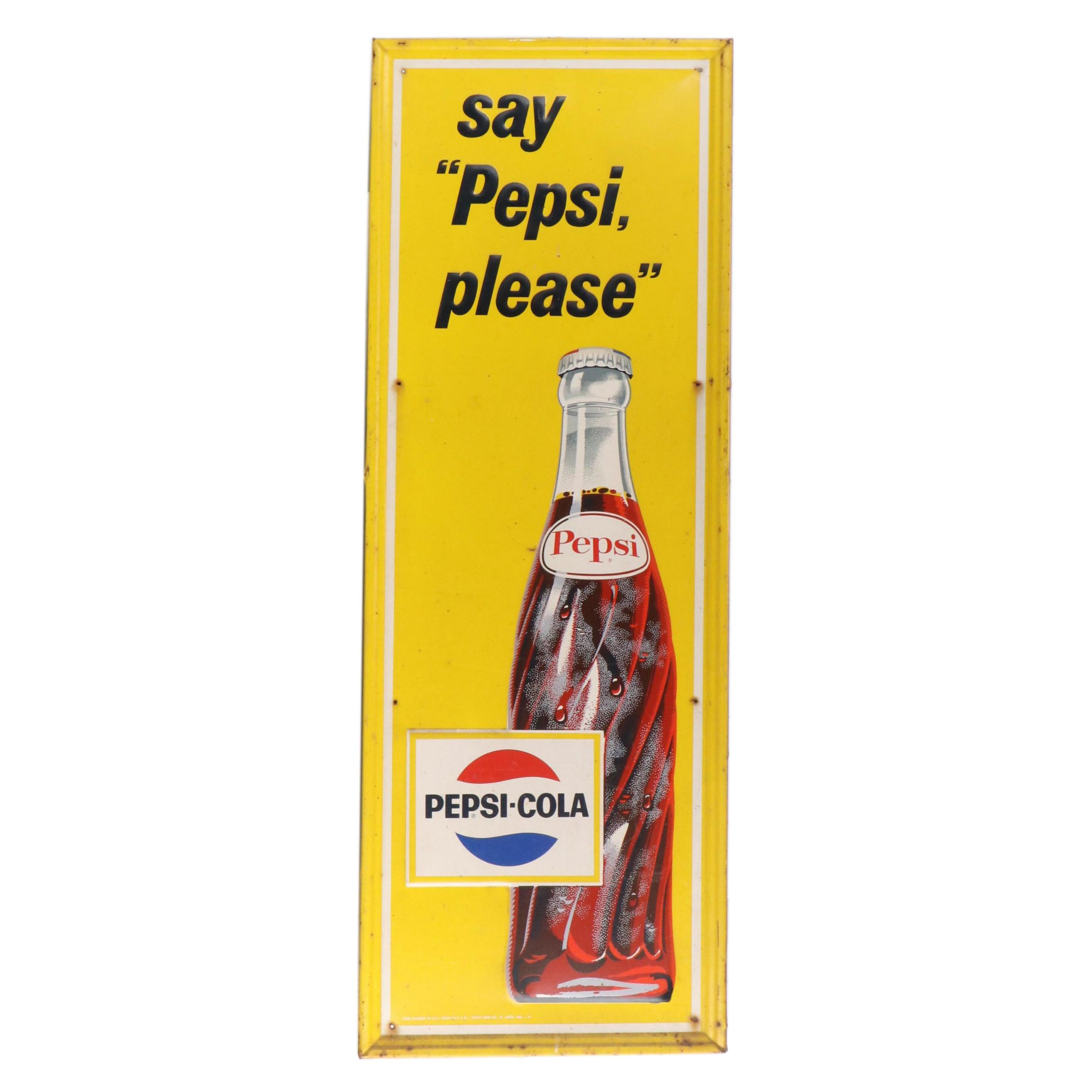 Pepsi-Cola Pressed Metal and Enamel Advertising Sign "Pepsi, Please," circa 1960
