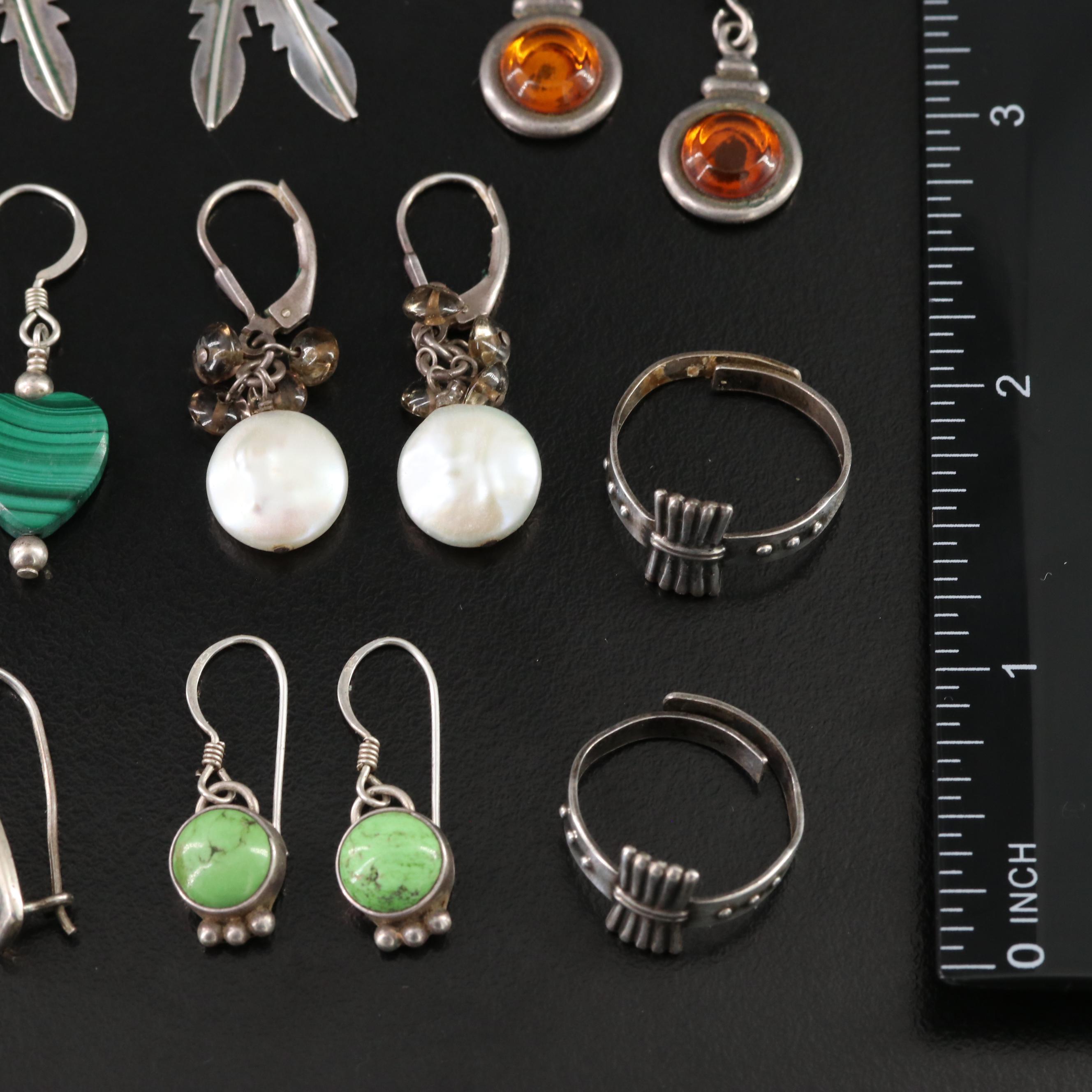 Sterling Earrings & Ring Collection Including Pearl and Mother-of-Pearl