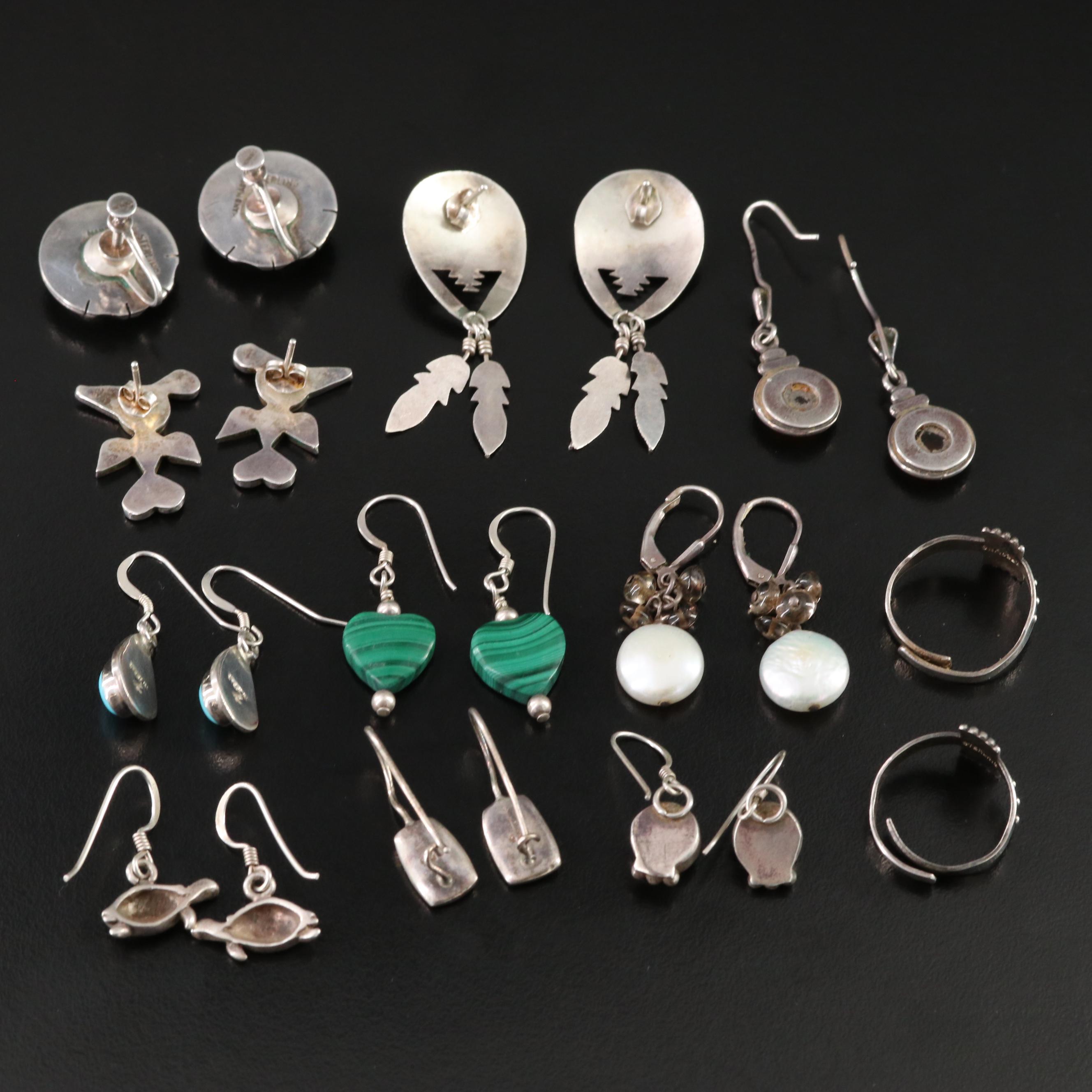 Sterling Earrings & Ring Collection Including Pearl and Mother-of-Pearl